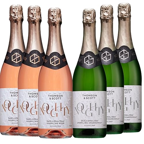 Thomson & Scott Noughty - Paquete de vino espumoso sin alcohol, 3 rosas espumosas + 3 chardonnay espumoso, 25.4 fl oz cada uno