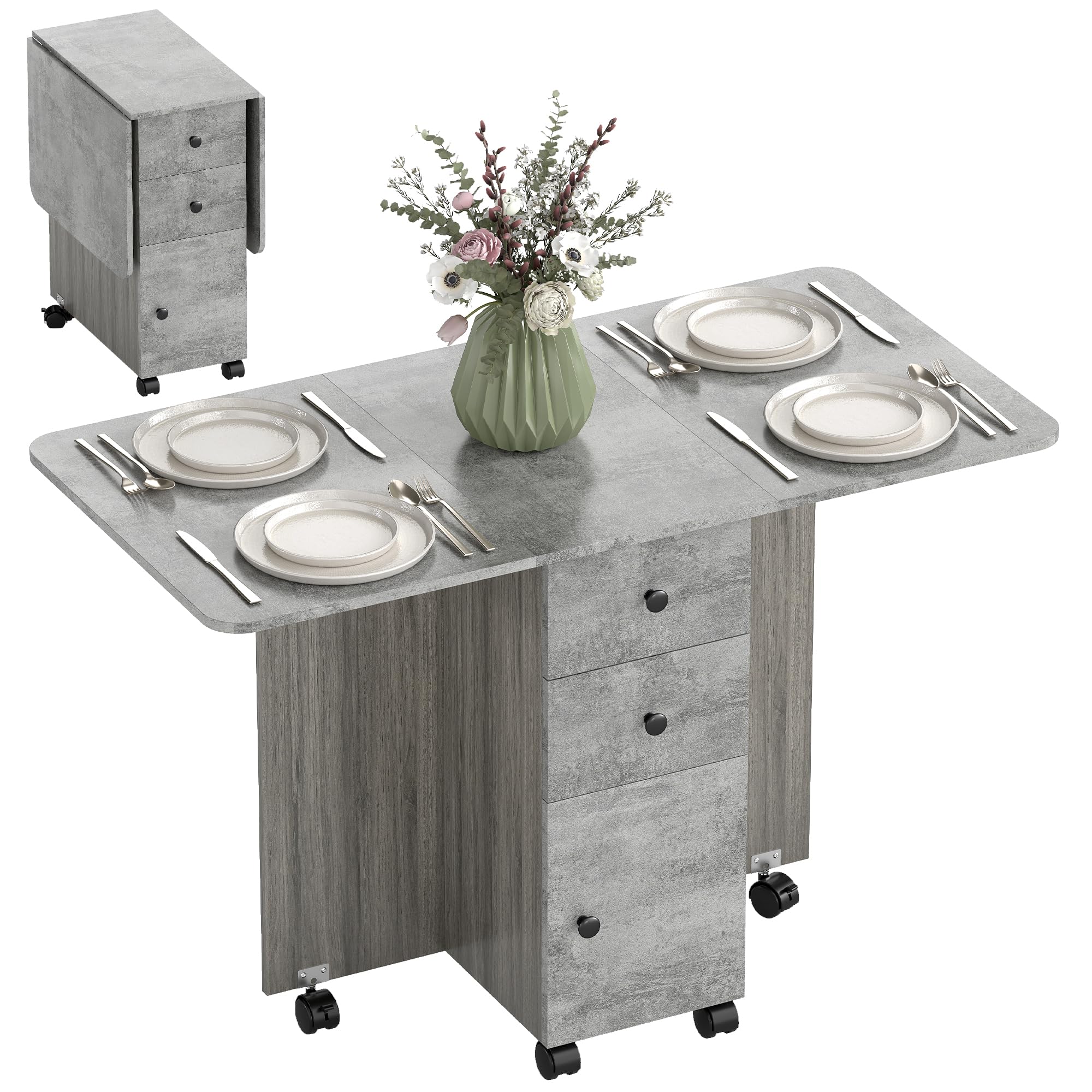 HOMCOM Table de Cuisine Pliable Table à Manger Pliante 2 Plateaux rabattables avec 2 tiroirs 1 Placard et 1 étagère de Rangement 120 x 60 x 76,5 cm - Gris