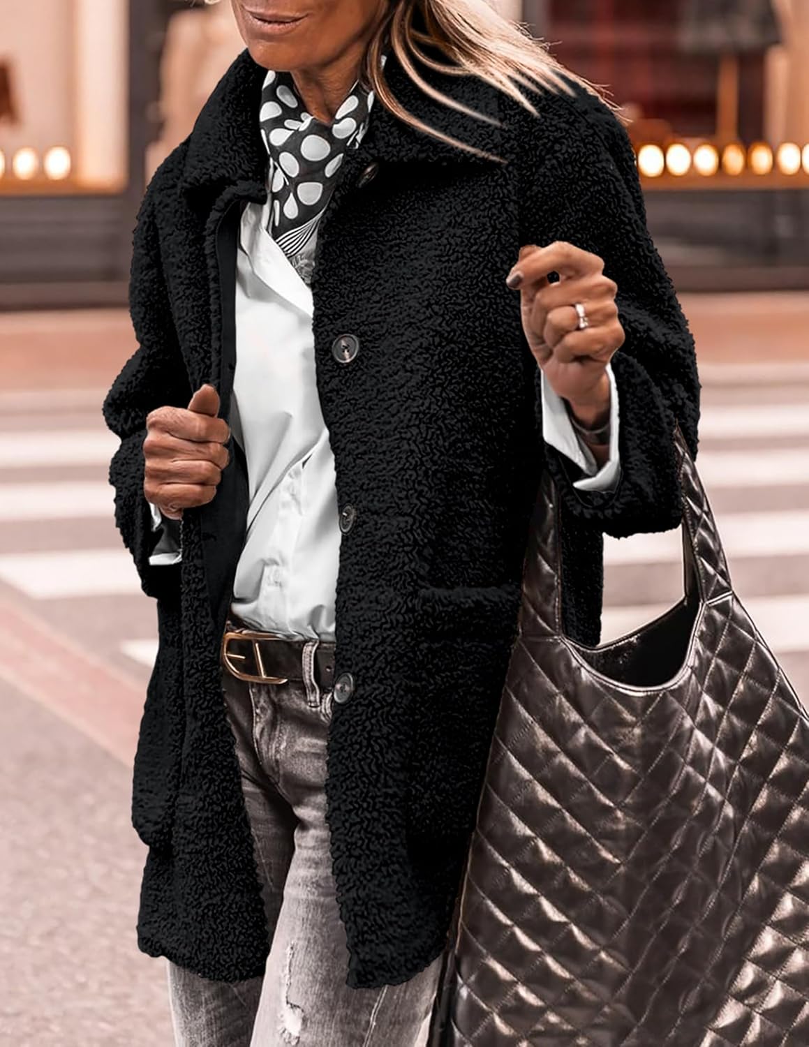 PRETTYGARDEN Women's Winter Faux Fur Coats Long Sleeve Lapel Button Down Pockets Fleece Sherpa Jacket Casual Trendy Outerwear - Image 5