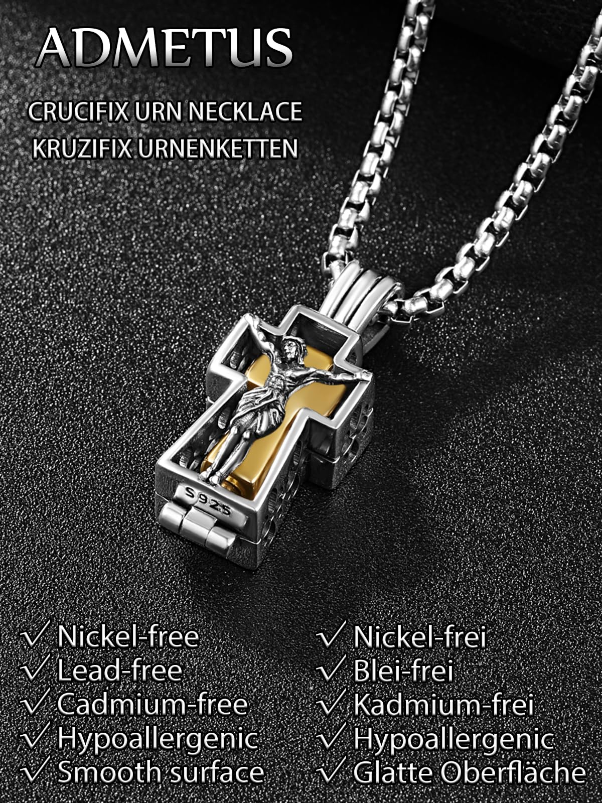 ADMETUS 925 Silber Heiliger Kreuz Urnen Anhänger Ascheanhängerkett Einäscherung Schmuck für Asche Memorial Geschenke für Männer mit 2,5 mm 22"+2" Rolo Ketten