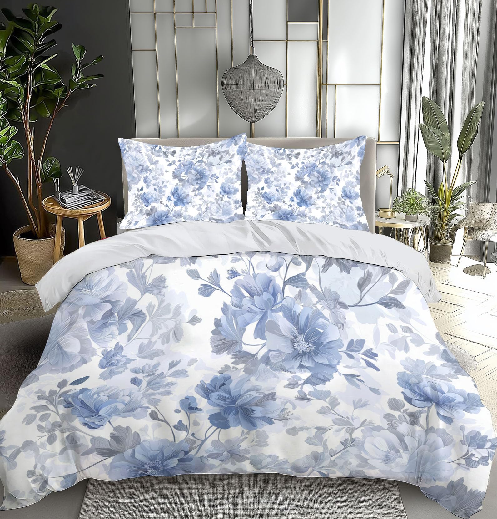 Parure de lit aquarelle 140x200 avec fermeture eclair motif floral bleu et blanc 3 pièces