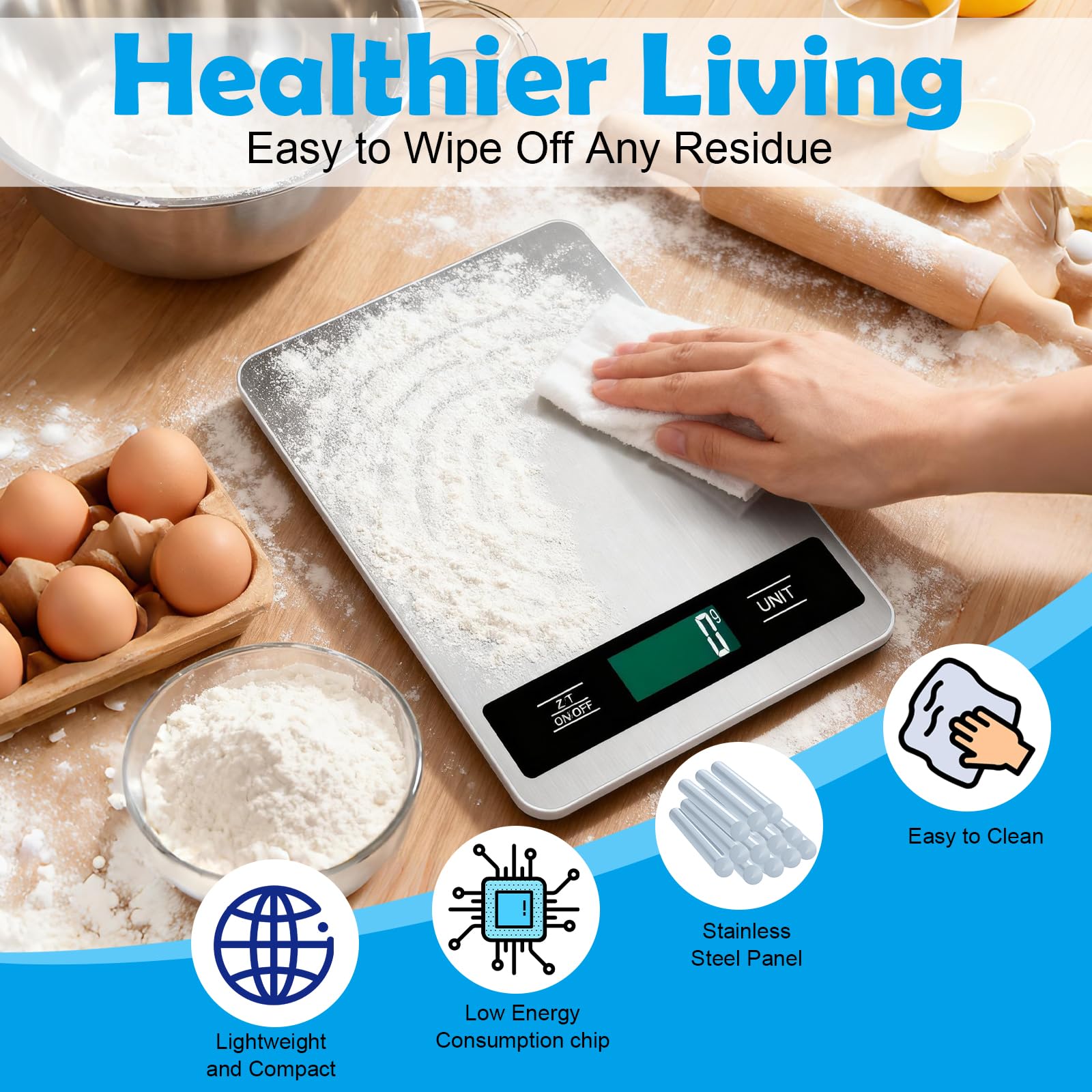 Báscula digital de cocina para alimentos, 15 kg, precisión de 1 g, acero inoxidable, ligera, con baterías, para cocinar, hornear, preparar comidas