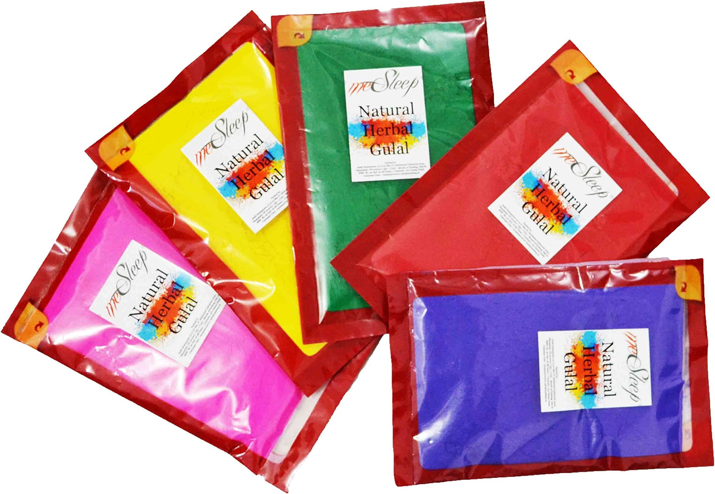 meSleep Multicolor Holi Colors, Herbal Gulaal 500 Grams in 5 Colors, 100 Grams Each, Herbal and Organic