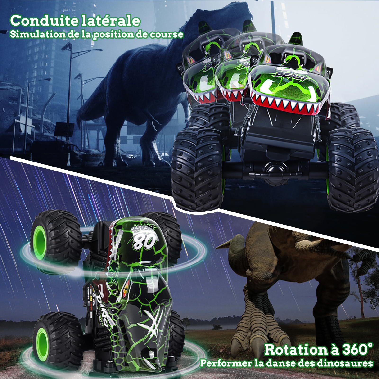IEEILULU Voiture télécommandée, dinosaure, voiture tout-terrain avec rotation à 360°, lumière LED, Monster truck RC rechargeable, jouet dinosaure, cadeau pour enfants à partir de 3, 4, 5, 6, 8, 10 ans