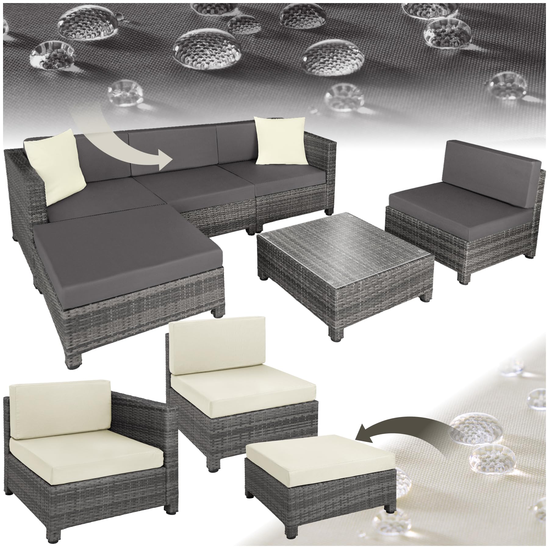 TecTake® Conjunto Jardín de Ratán con Cojines y 2 Juegos de Fundas, Conjunto Terraza Resistente a la Intemperie, Muebles Jardín Exterior 4 Sillones, 1 Mesa, 1 Puf, con Tornillos en Acero INOX. - Gris