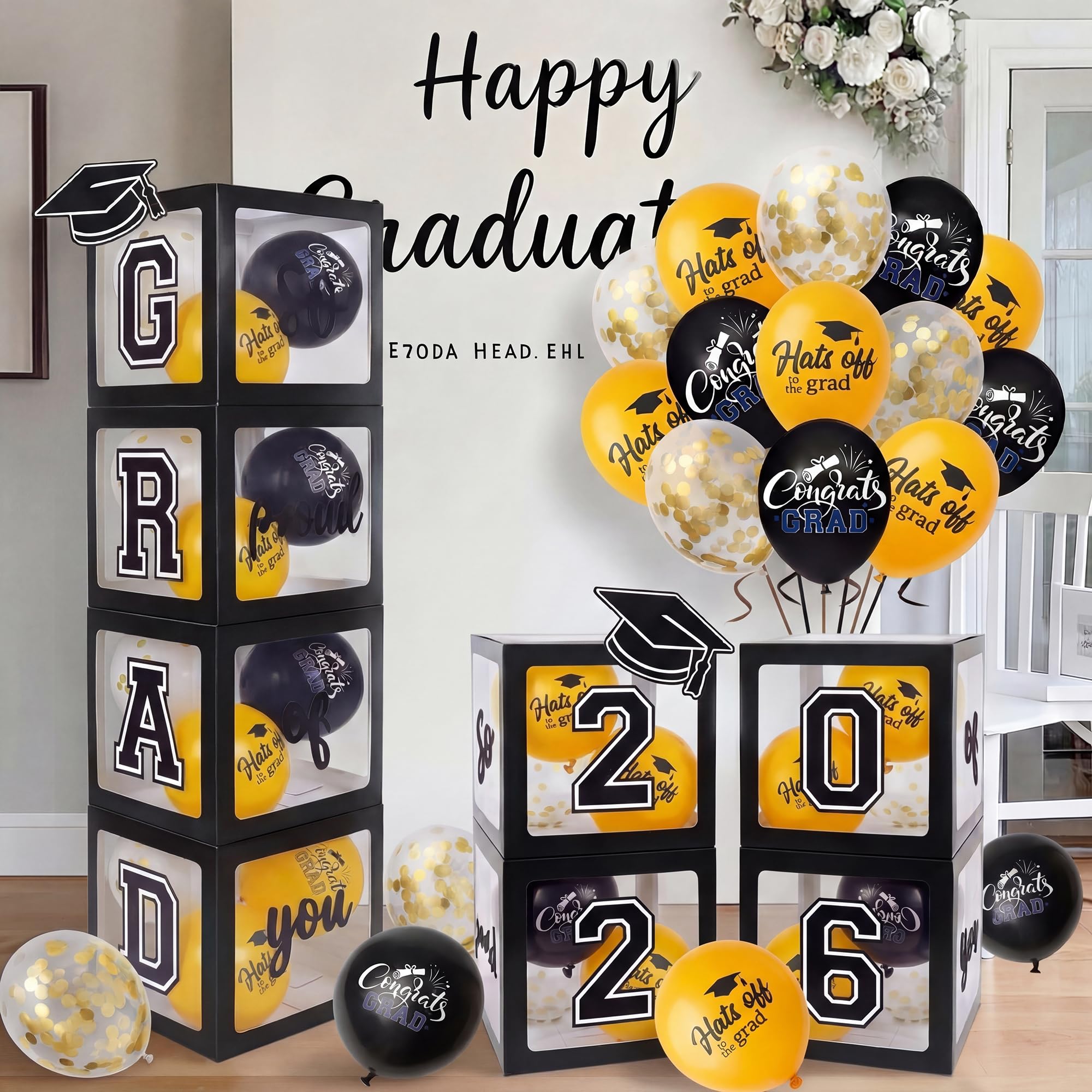 Photo 1 of 2026 Graduation Decorations 4 Grad Balloon Boxes with Letters 2026 Grad & So Proud of You and 18pcs Balloons Graduation Party Decorations (Black)
