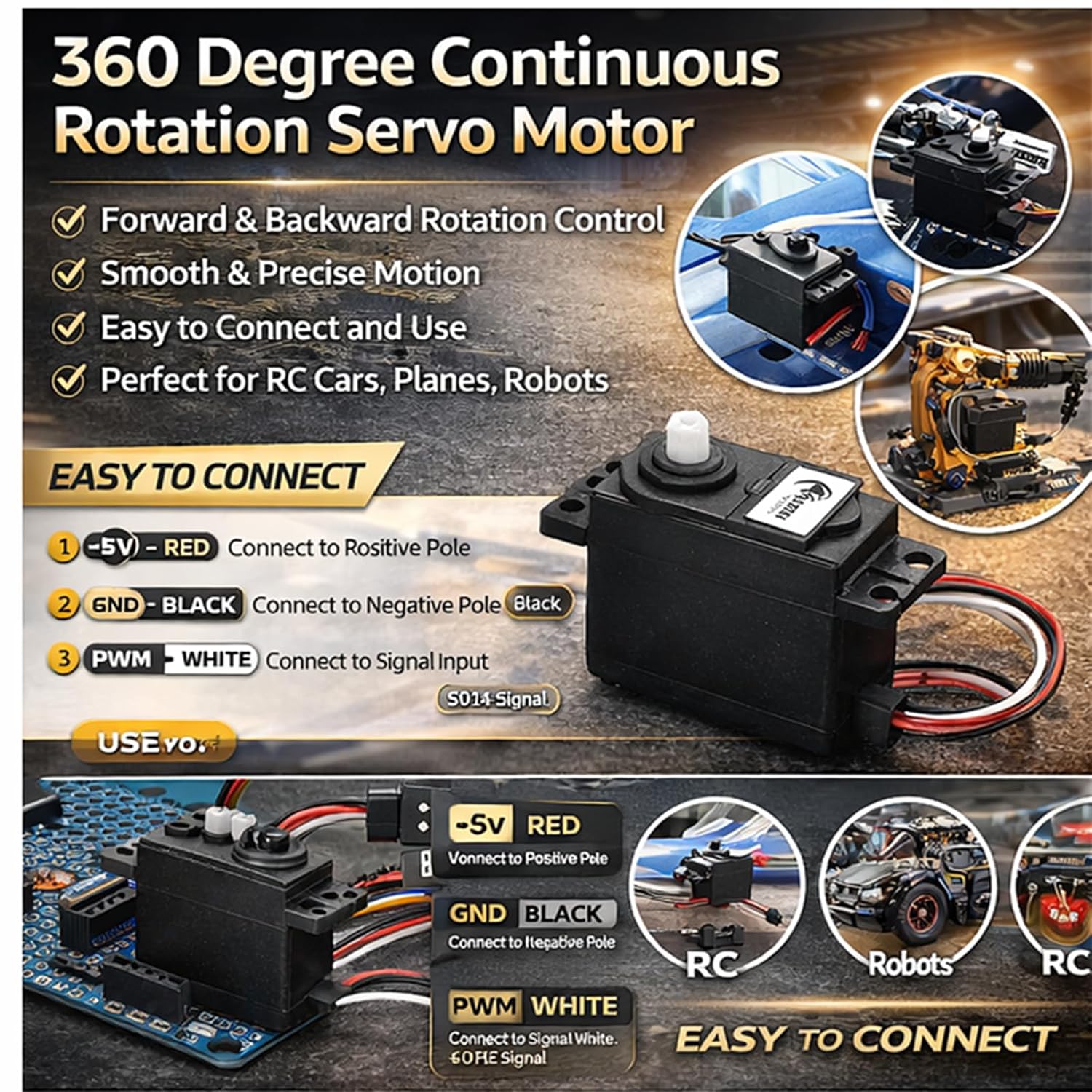 Garosa 5.5kg High Torque 360° Continuous Rotation Servo Motor Lightweight DC Geared with Rocker Arm for Smart Car RC Robots DIY Electronics and Automation Projects