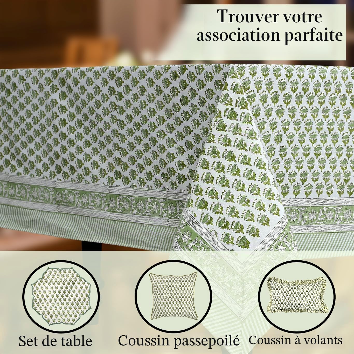 CPC Nappe rectangulaire 100% Coton – Imprimé à la Main Indien – 6 Places – Lavable et réutilisable – pour Maison, Restaurant, hôtel, événement et Utilisation Quotidienne – Vert émeraude