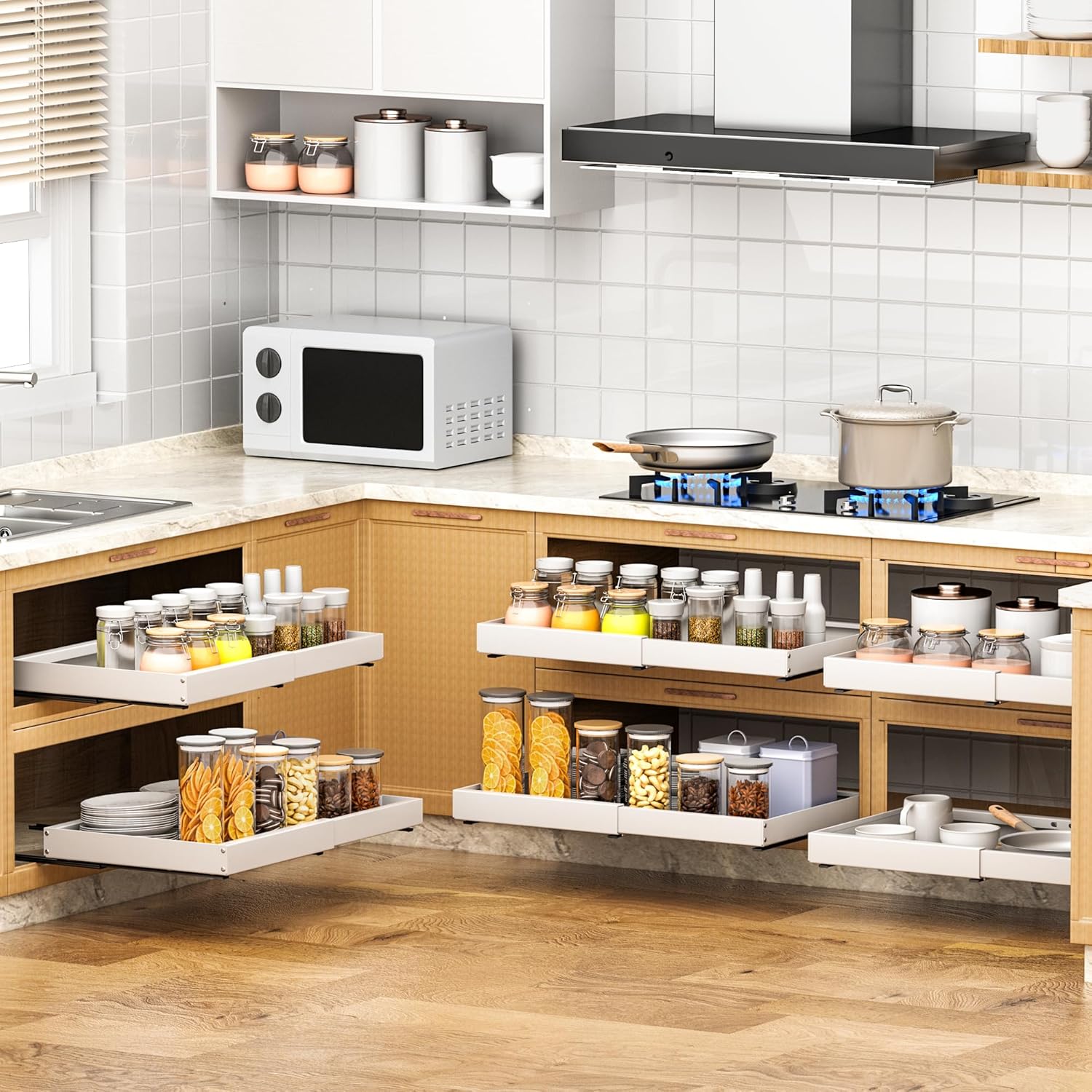 2 Pack Pull Out Cabinet Organizer Expandable,Adjustable 12-21 Inch Width Slide Out Drawer Shelves,Painted Carbon Steel with Heightening Pad,No Drill,for Kitchen/Bathroom/Pantry/Under Sink/Laundry Room