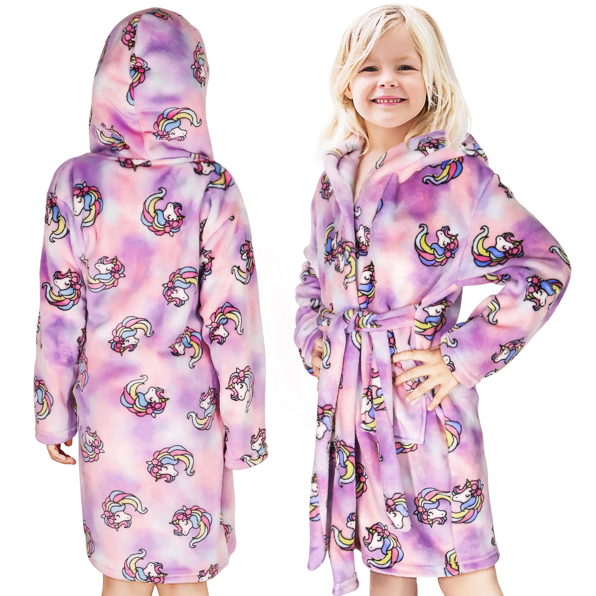 Bademantel Kapuze Kinder Morgenmantel Flanell Nachtwäsche Robe Frottee Lange Ärmel Weiche Schlafoveralls Bademantel Pyjama Taillengürtel Netter Tier Muster für Mädchen Junge Alter 1-7 Jahre