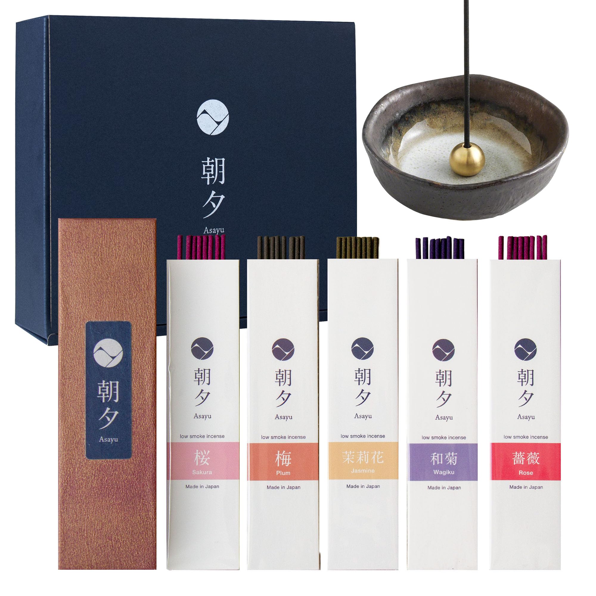 Asayu Japan Floral Fragrances Floral Japanese Incense Sticks Assortment And Zen Incense Holder Gift Set, Made In Japan 5 Scents Sampler Variety Pack With Ceramic Bowl - Flower Scent