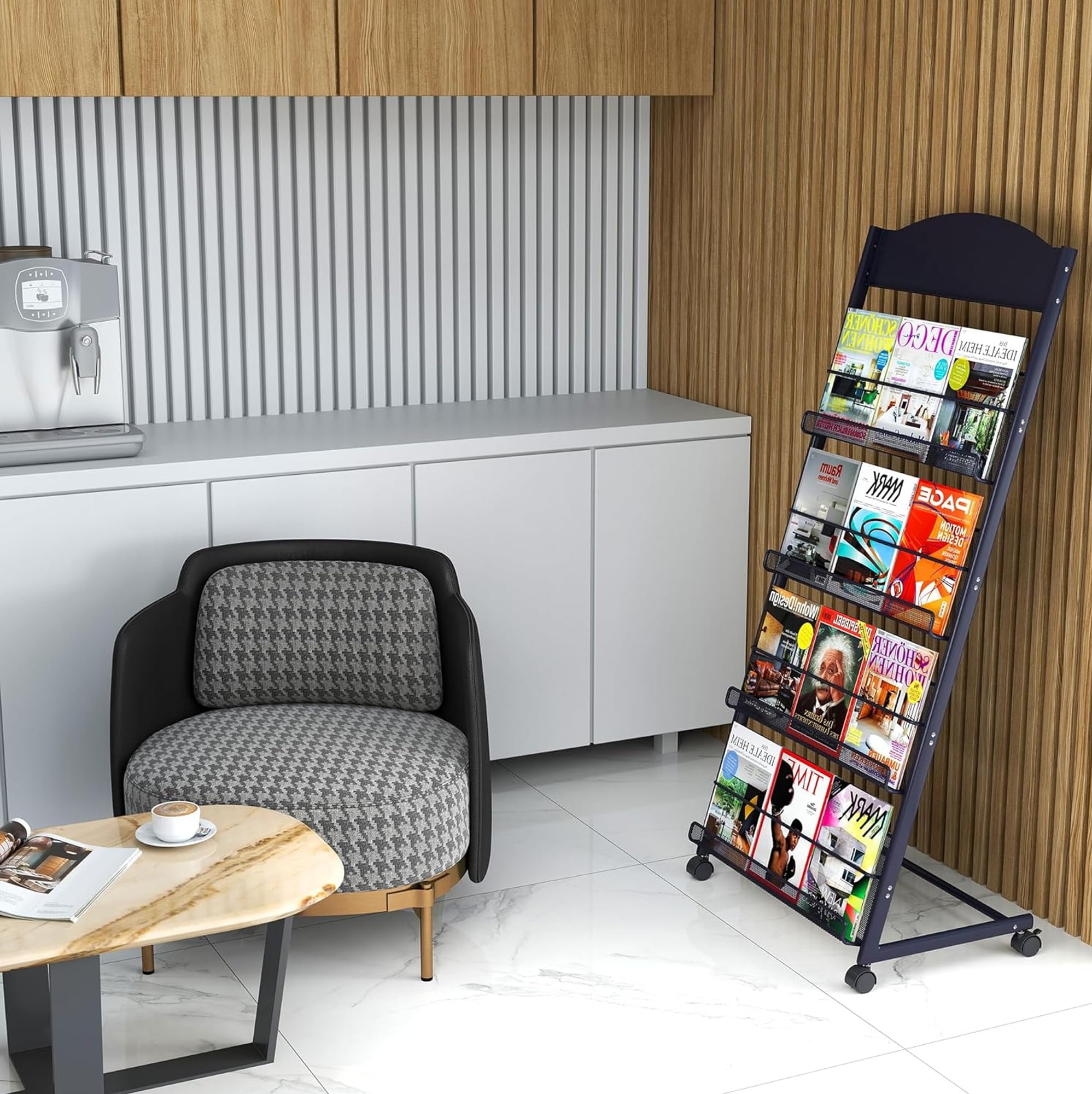 bimiti Prospektständer a4 mit Universalrädern, Zeitschriftenständer 4 Schichten,Schrägsteller Rollbarer Zeitschriftenhalter für Büro, Messen, Messen