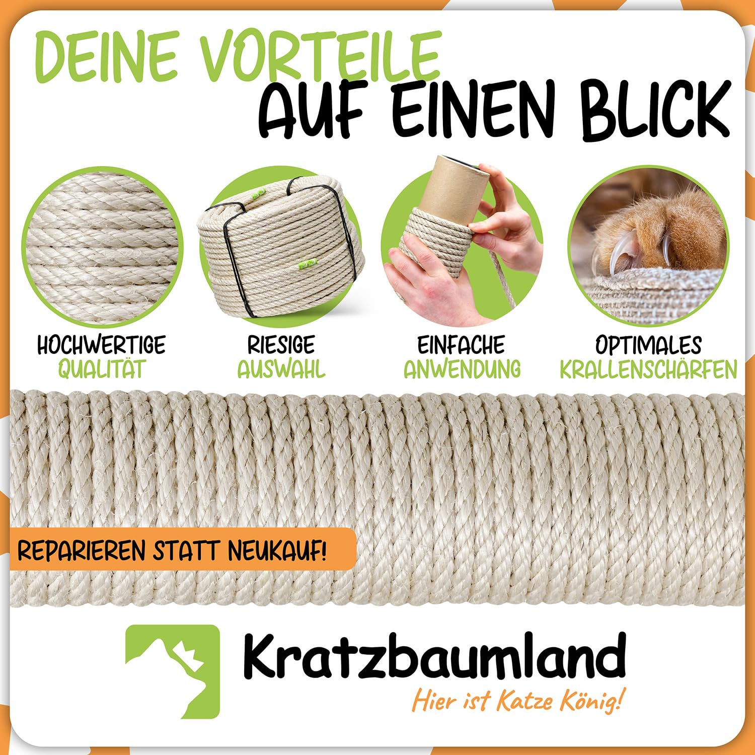 Kratzbaumland Premium-Sisalseil 12 mm, Natur-Sisalseil für Kratzbäume (versch. Längen) (100 Meter)