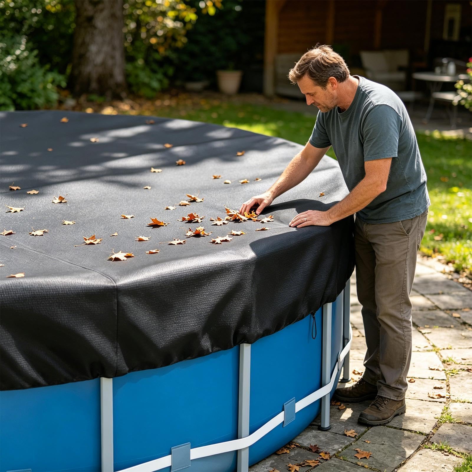 Cobertor Rondo para Piscina 183cm 244cm 305cm 366cm, Impermeable, a Prueba de Polvo, para Piscinas sobre el Suelo, con cordón Resistente al Viento, Accesorios para Piscinas