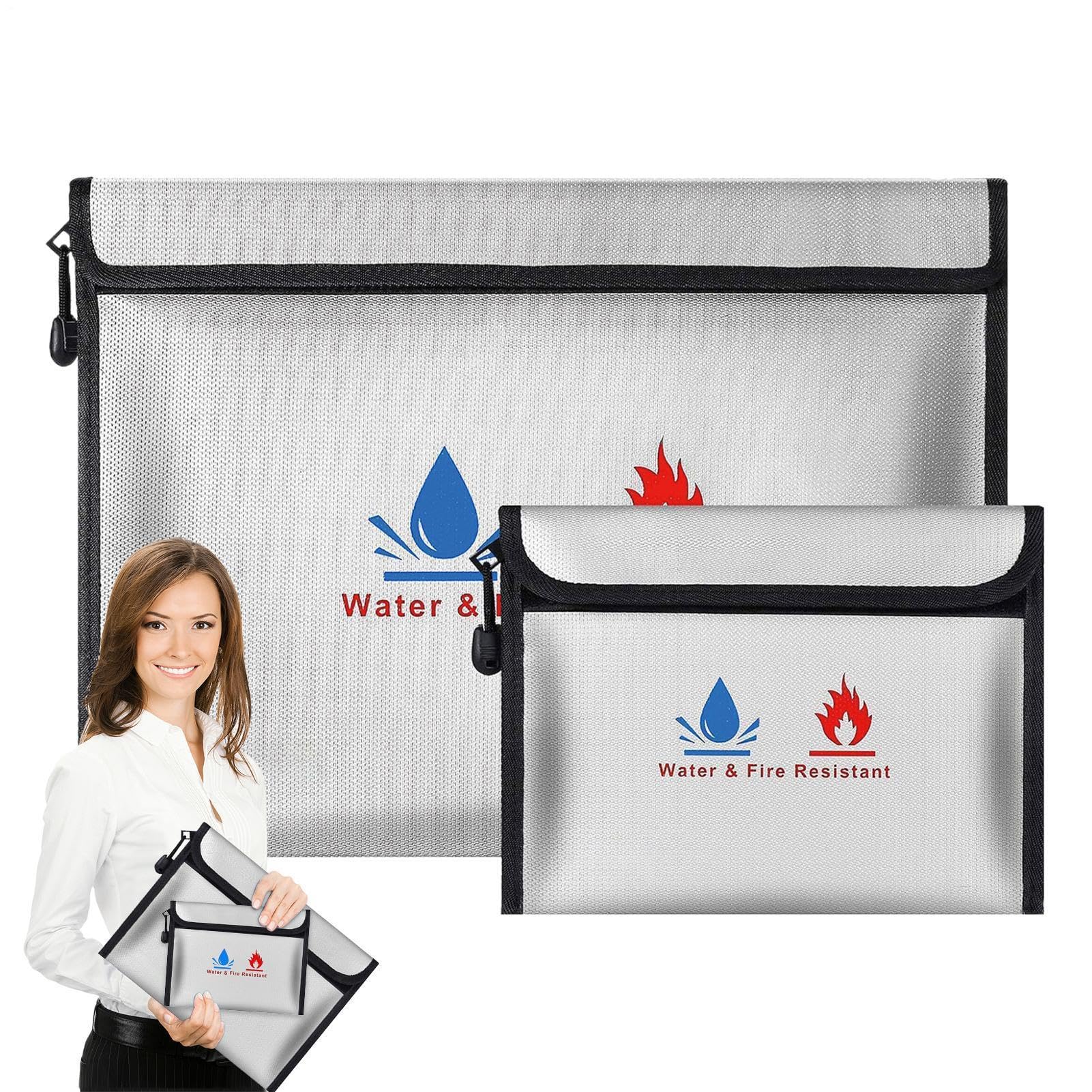 Borsa portadocumenti ignifuga, cassetta sicura, documenti ignifughi a | prova di denaro, confezione da 2 e piccoli supporti per carta impermeabili, doppio strato in silicone per contanti, passaport