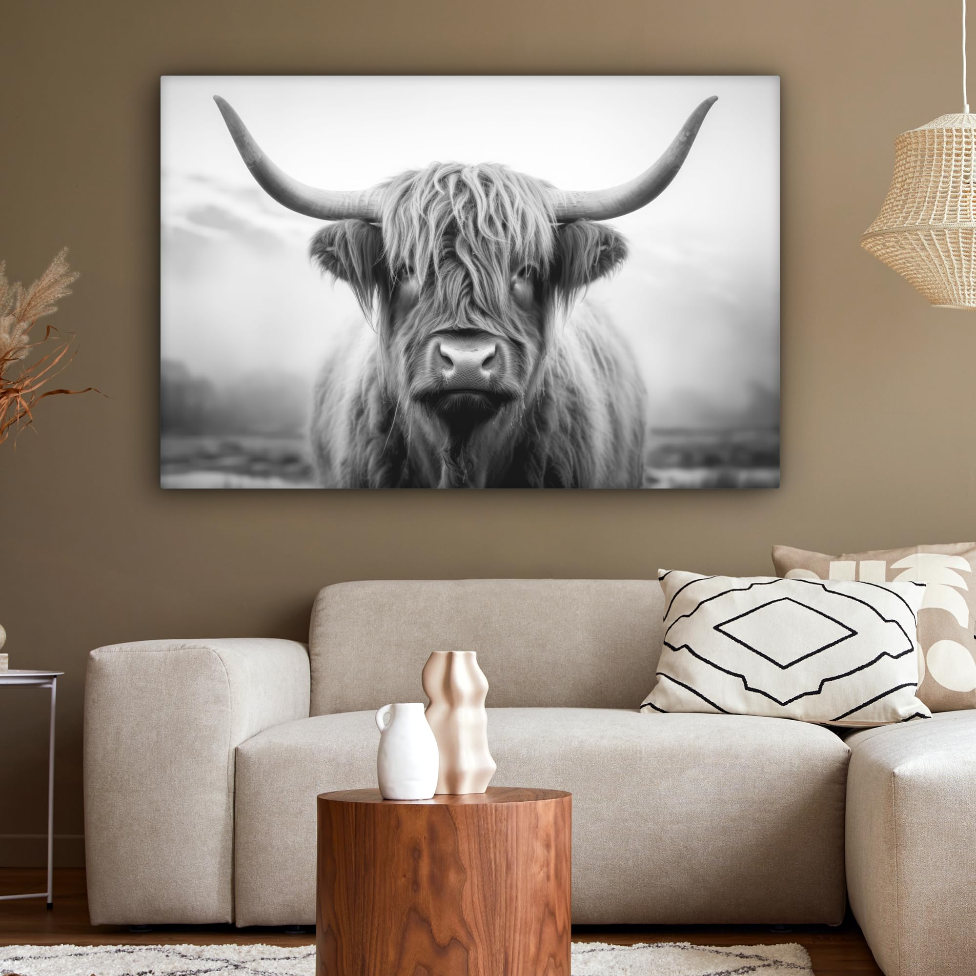 MuchoWow Bild auf Leinwand 120x80 cm XXL Wanddeko Highland Cow Schottisches Hochlandrind