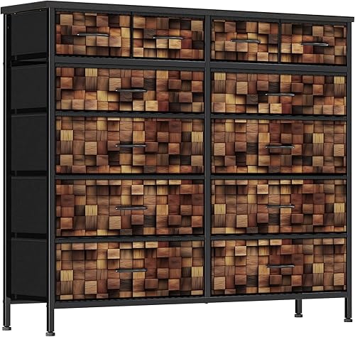 Miniatura 13 de Cómoda compacta de 12 cajones para dormitorio, torre de almacenamiento de tela, cómoda con parte superior de madera retro para armario, guardería,