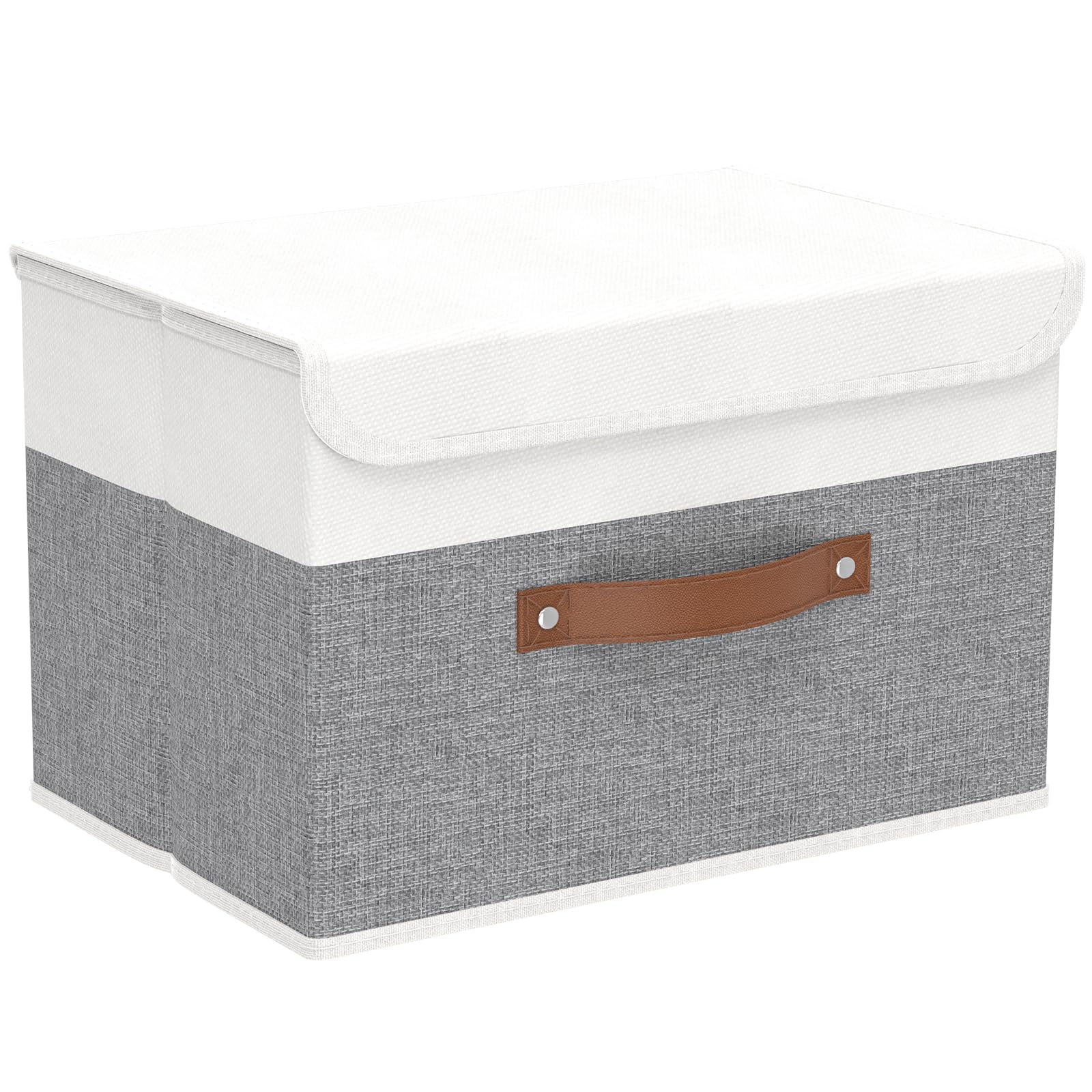 Yawinhe Storage Bins with Lids, Fabric Foldable Boxes, Washable and Leather Handle, Cube Organizer Basket for Home, Closet, White/Grey, 17.7''Lx11.8''Wx11.8''H, 1-Pack, USNK024WGX-1