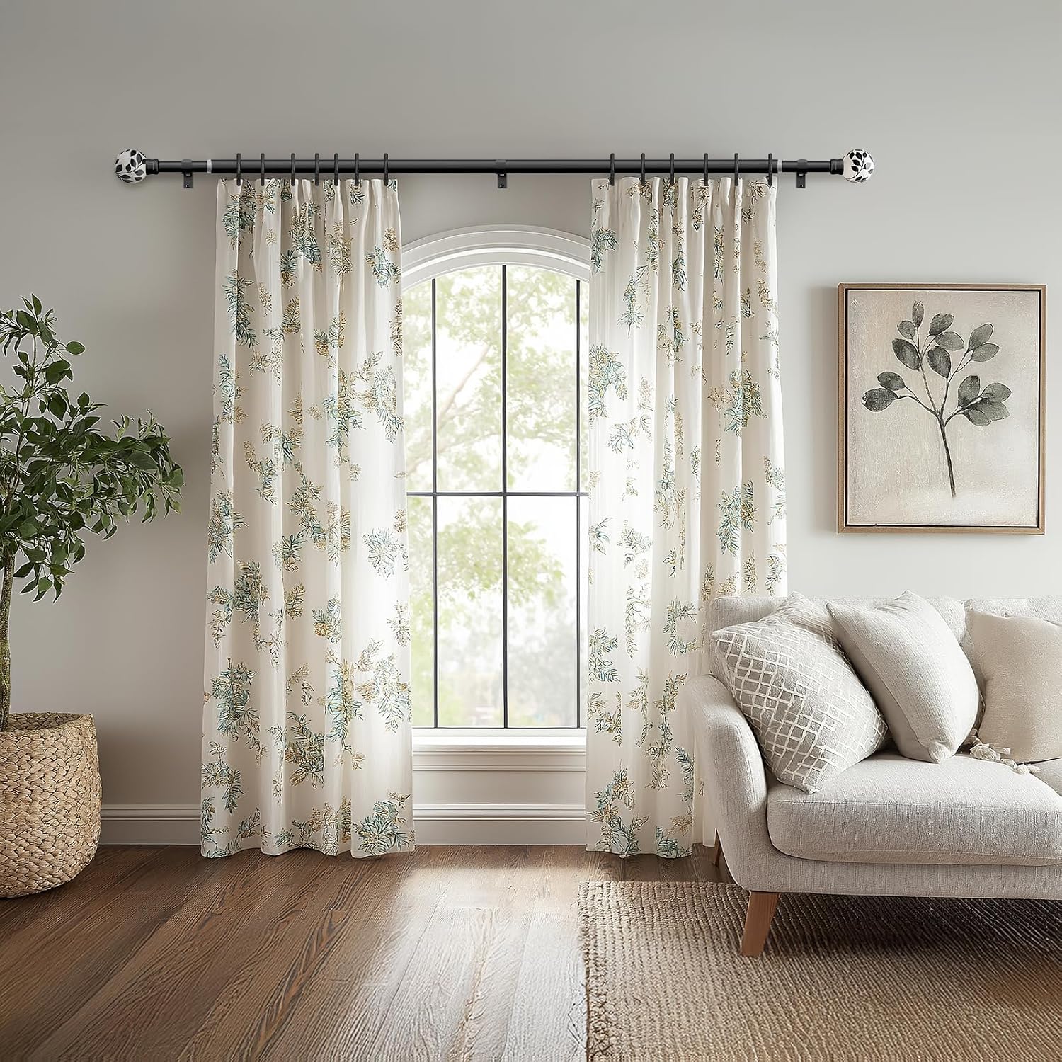 Ceramic Black Curtain Rods Set of 2 for Windows 48 to 84 Inches Adjustable Length Heavy Duty White Window Curtain Rod with Modern Leaf Pattern Decorative Finials for Bedroom Kitchen Living Room