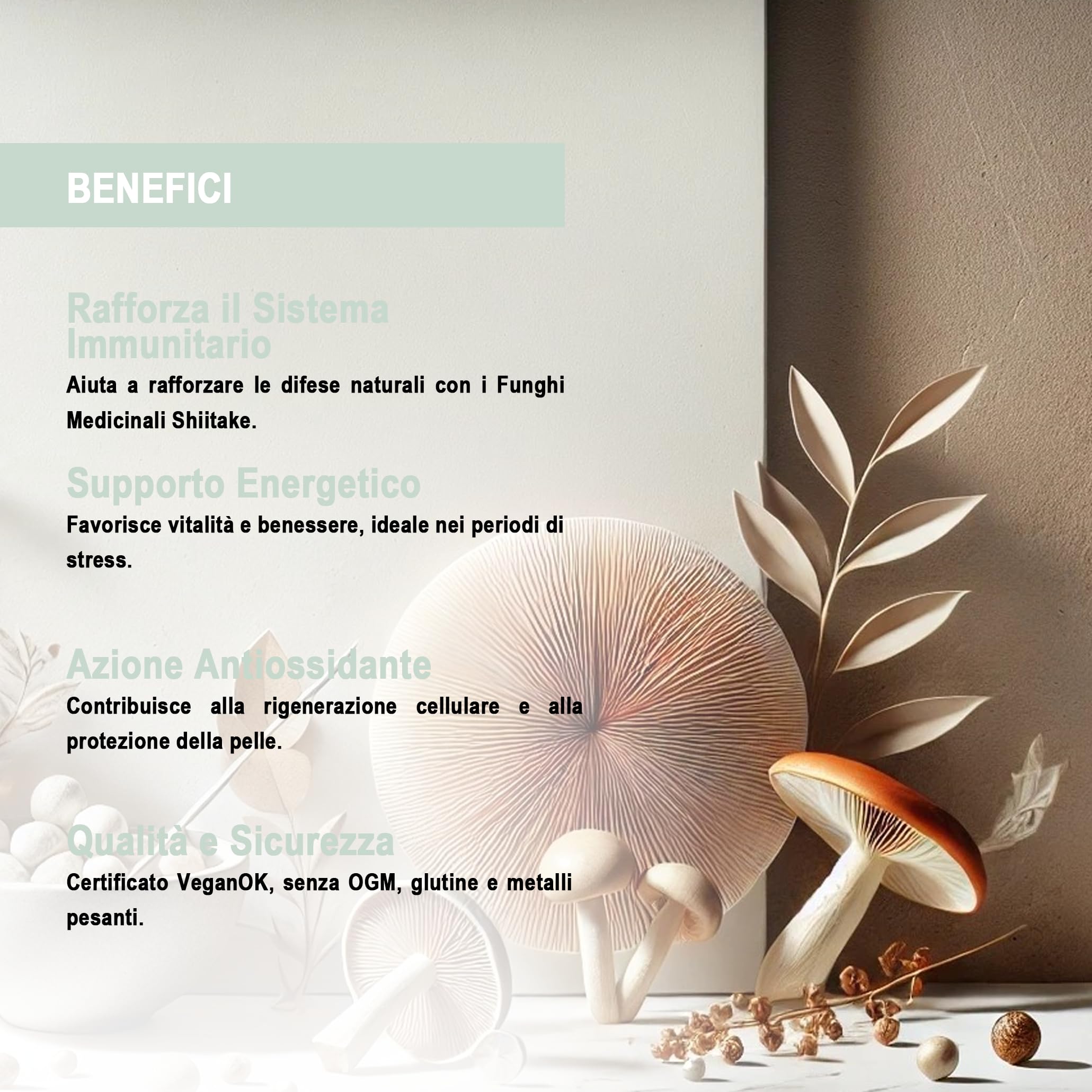 Shiitake Basic Integratore Funghi Medicinali 120 Compresse 500 mg | Lentinula edodes, VeganOK, senza OGM glutine e metalli pesanti, benessere generale, vitalità e metabolismo