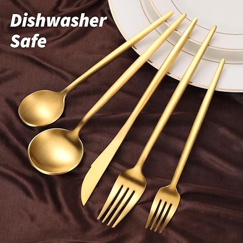 Miniatura 7 de Juego de cubiertos dorados de 20 piezas para 4, cubiertos de acero inoxidable 18/10 con cucharas y tenedores gruesos, cubiertos dorados mate,