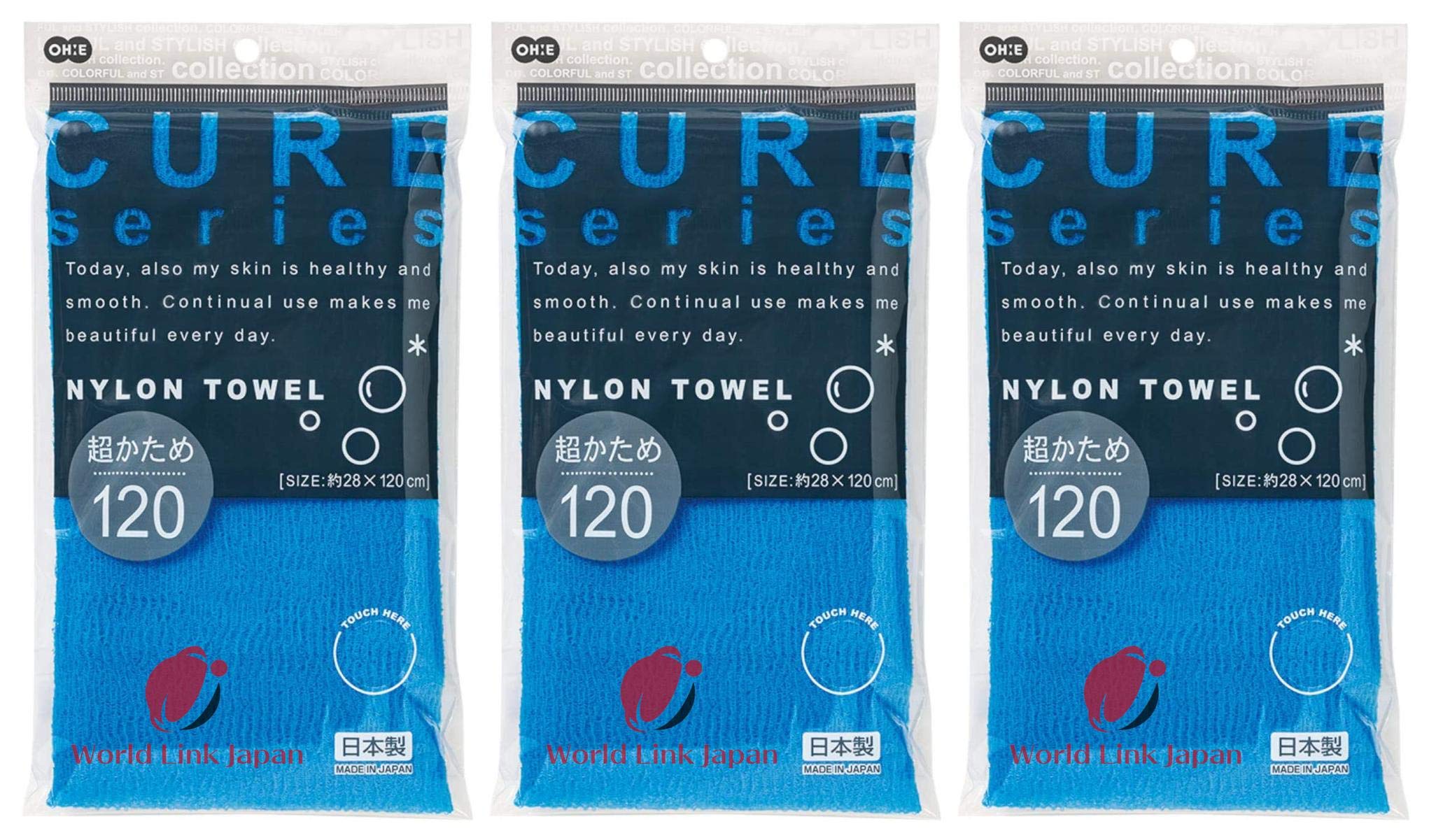Cure Series Japanesebody scrub towel From OHE - Super Hard Weave - Blue, 120cm -Value Set of 3 and WLJ Original Package