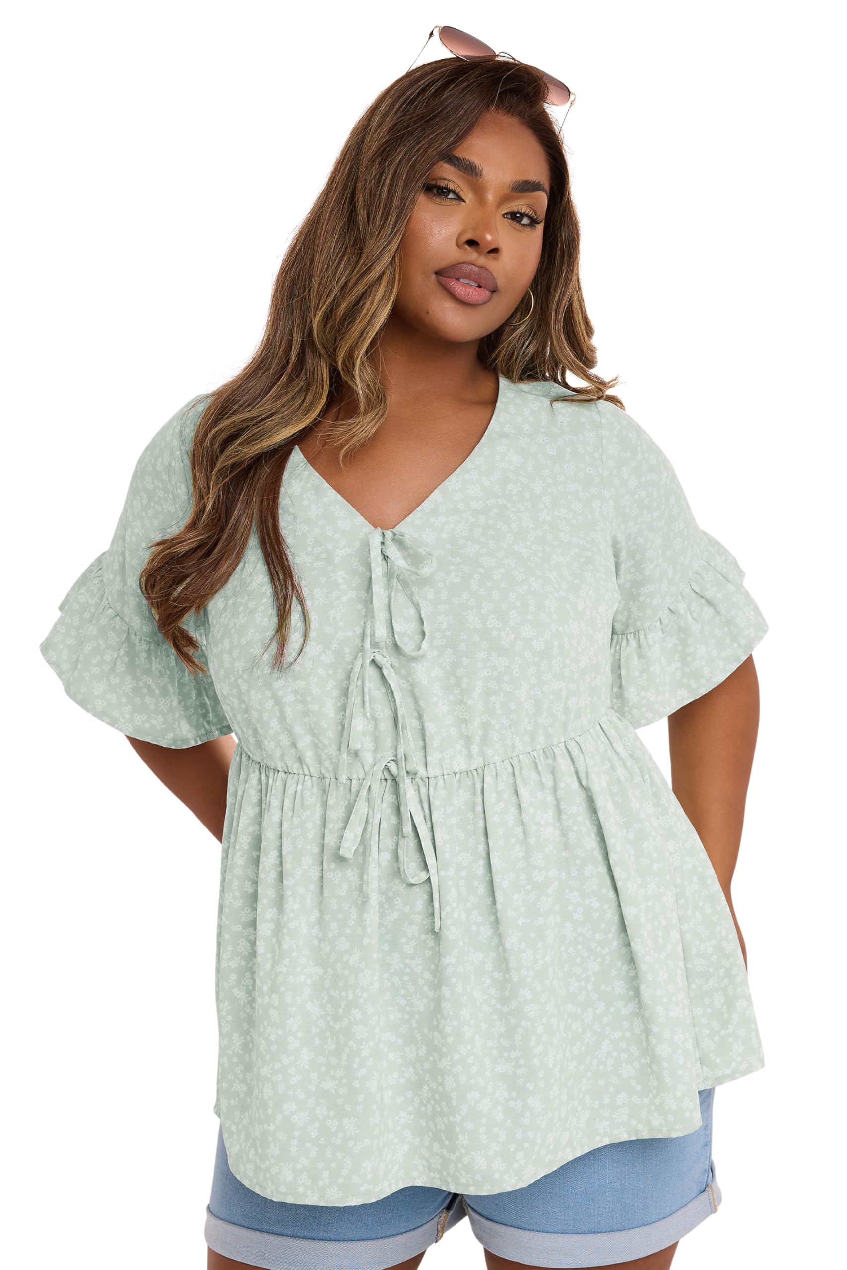 Yours Women's Light Green Ditsy Floral Tie Front Peplum Top In | : 22/24