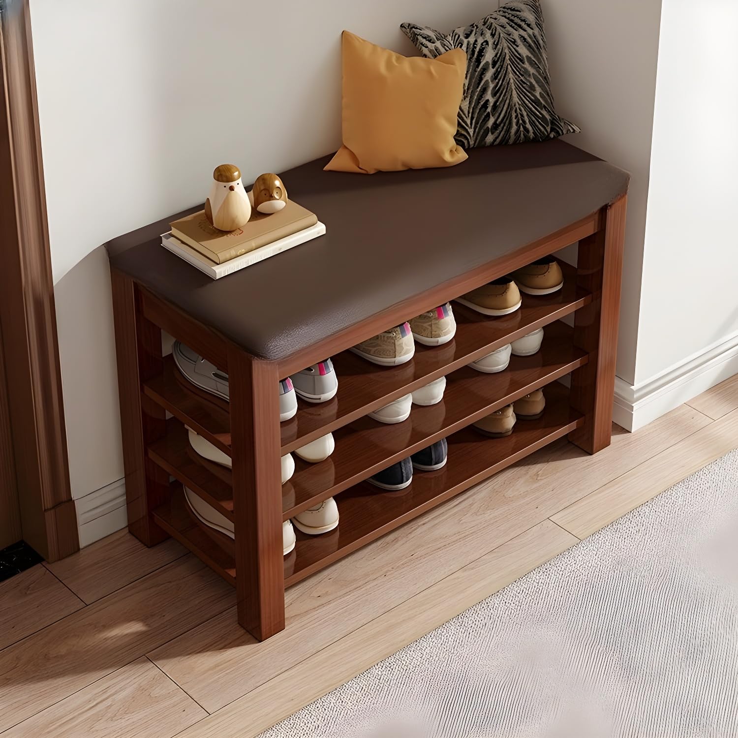 KLGFBDC Entryway Bench with Shoe Rack - Cushioned Wood Storage Bench for Hallway and Mudroom - Functional and Stylish Design