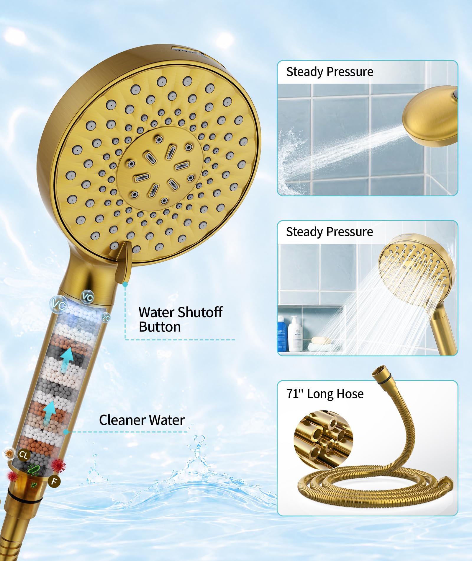 Soffione doccia filtrato con palmare, ad alta pressione, 9 modalità di spruzzo, oro spazzolato, con 4 filtri, soffione doccia staccabile, filtro addolcitore d'acqua perline per acqua dura, rimuove il