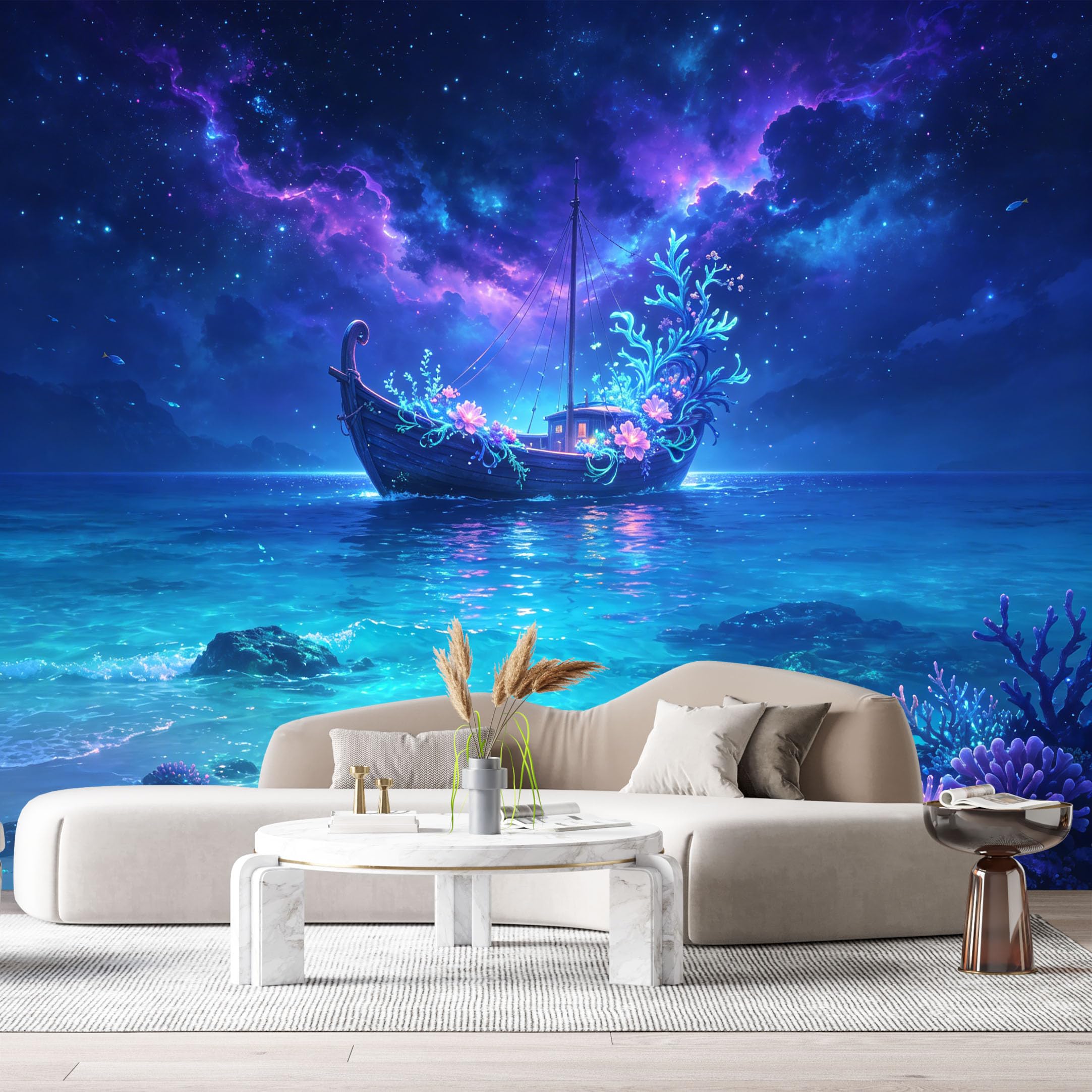 Custom Size Wall Murals Ocean Marine Abstract 3D Boat Coral Reef Night Sky SelfAdhesiveWall Fabric Removable Wallpaper Wall Decor for Living Room Bedroom Bathroom