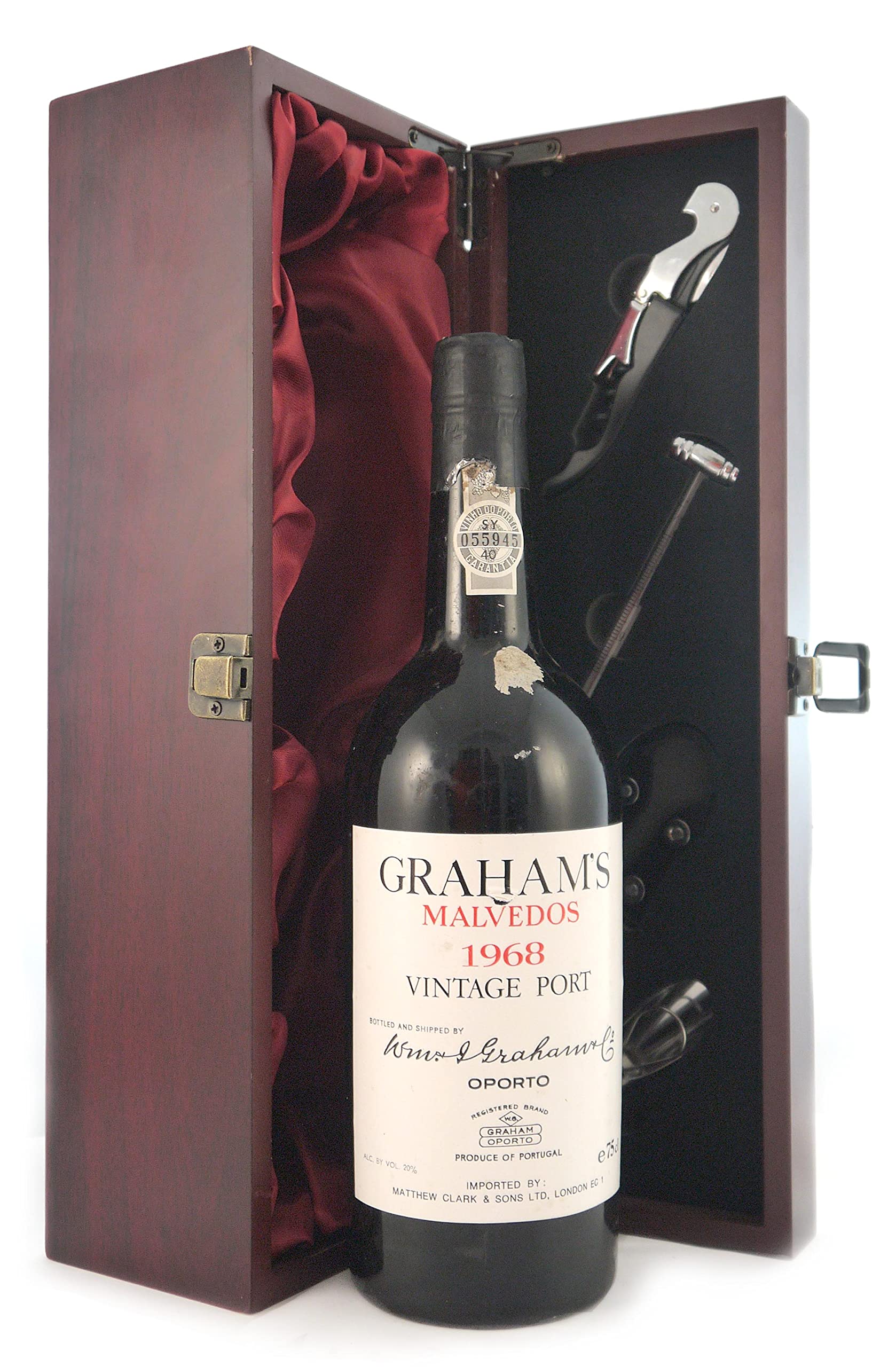 Grahams Malvedos Vintage Port 1968 in a silk lined wooden box with four wine accessories, 1 x 700ml