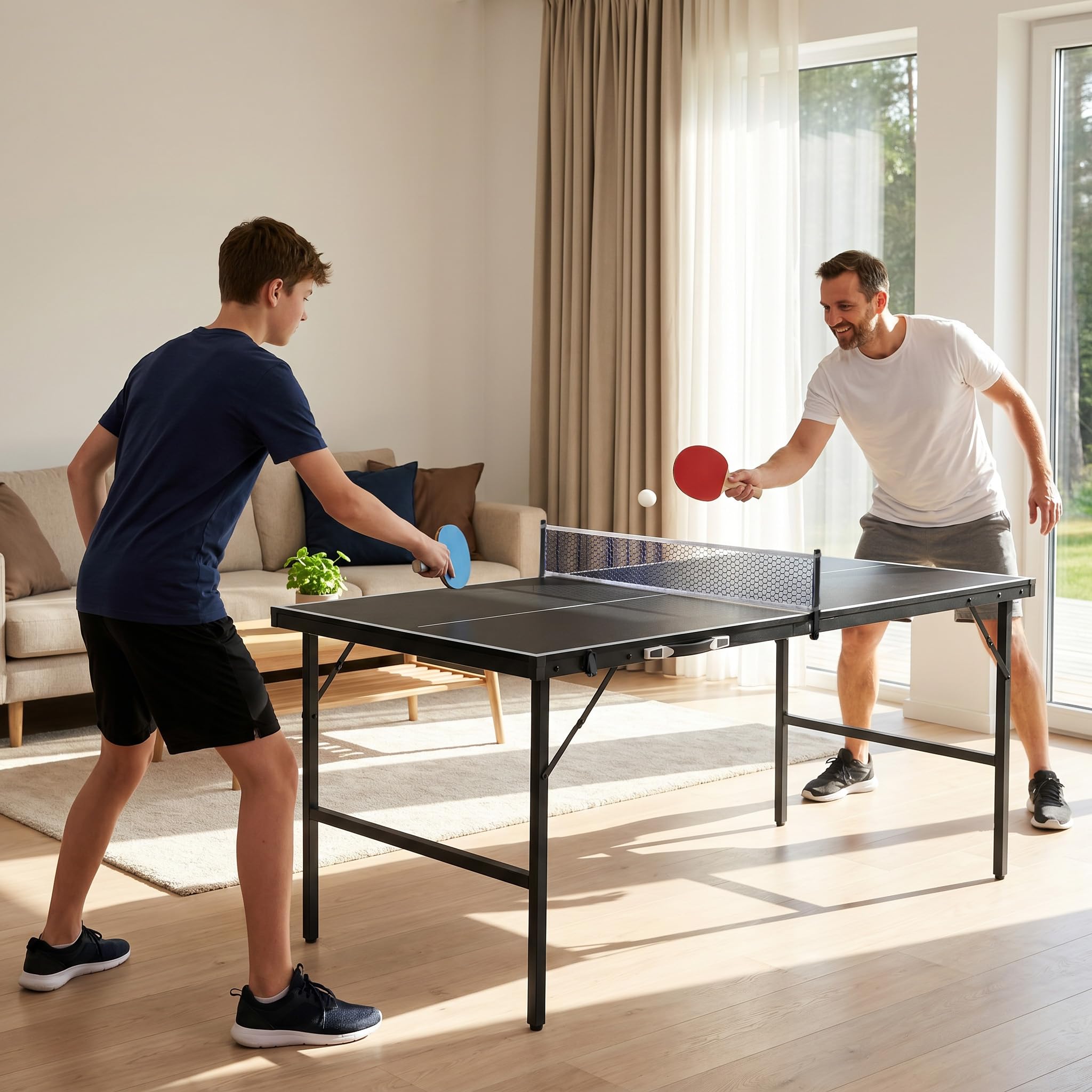 UISEBRT Mini Tischtennisplatte klappbar 152.5x76cm, MDF Tischplatte mit Metallgestell, komplettes Ping Pong Set mit 2 Schlägern 5 Bällen Netz Tasche, Indoor & wettergeschützter Outdoor Tisch