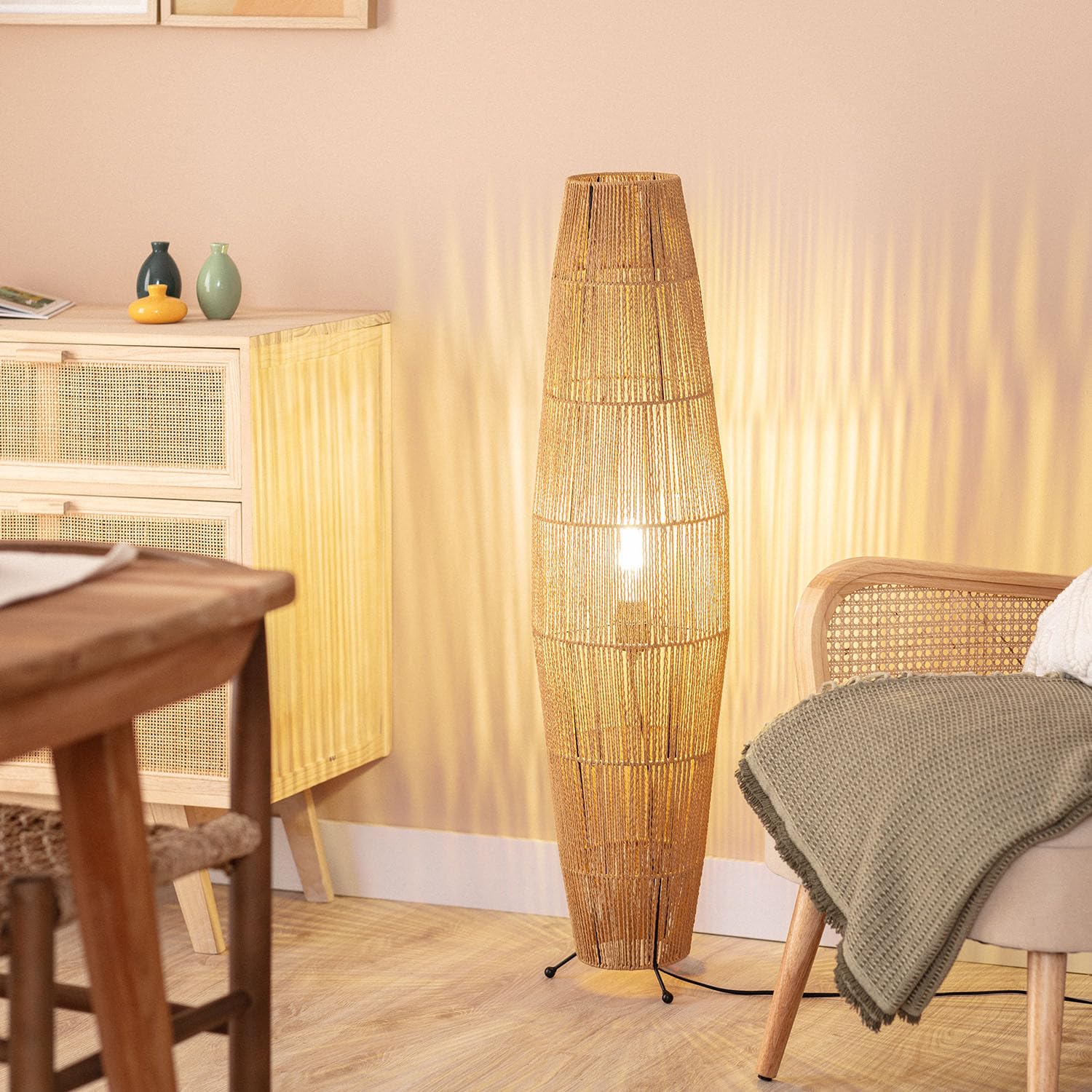 LEDKIA Lámpara de Pie Papel Trenzado Mahali Natural | Diseño Natural | Papel Trenzado Resistente | E27 Compatible | Para Salón y Dormitorio | Alto 1000 mm; Diámetro 250 mm