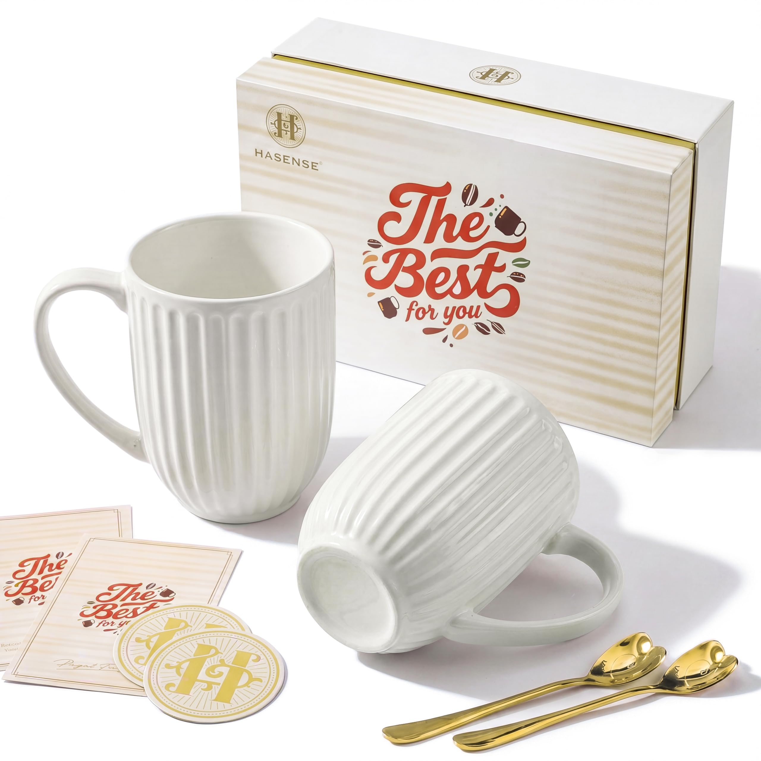 HASENSE 20oz Large Ribbed Ceramic Coffee Mugs Set of 2, White Latte Tea Cups with Golden Spoon & Coaster, Microwave Safe Coffee Cup, Premium Gift Box for Birthday Anniversary Couple Gifts