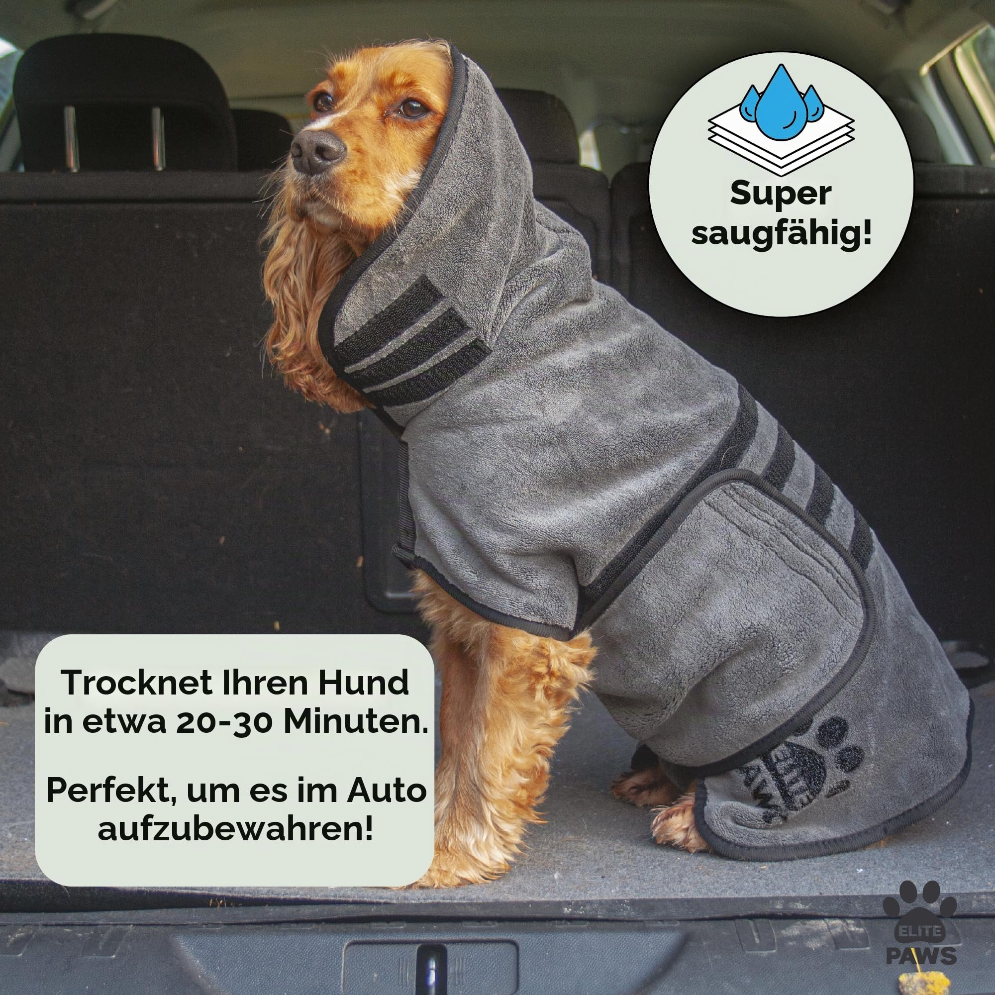 Elite Paws Luxuriöser Hunde-Trockenmantel, dicker und weicher als Bademäntel, trocknet in 20–30 Minuten, super saugfähige Mikrofaser, begrenzt Unordnung, bedeckt Ohren