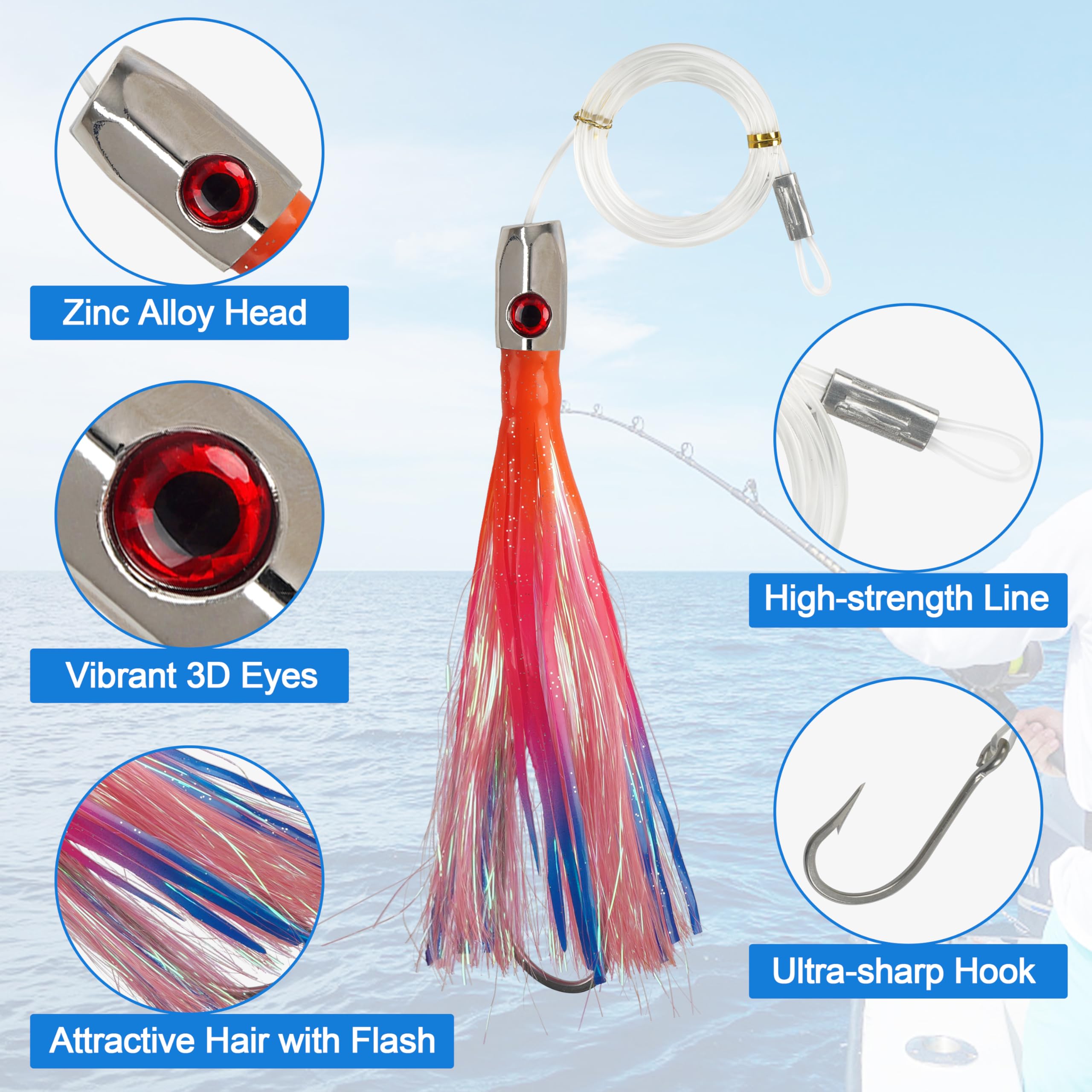 Leurres de pêche à la traîne en eau salée, 6 pièces de leurres de pêche à la traîne pour Mahi Mahi Tuna Wahoo Marlin Pêche Octopus Jupes Ensemble de leurres de pêche en mer profonde