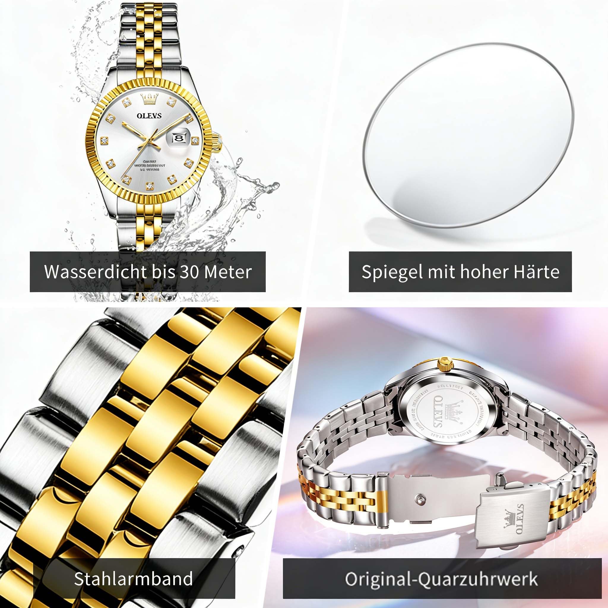 OLEVS Damen Armbanduhr Analog Quarz Wasserdicht Klassische Damenuhr Sliber Edelstahlarmband mit Datum Diamant Schlankes Design Geeignet für schmale Handgelenke