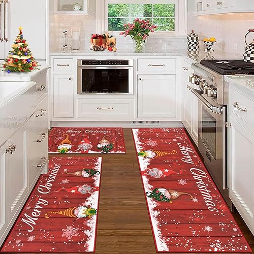 Miniatura 6 de HEBE Juego de 3 alfombras de cocina de Navidad, lavables a máquina, antideslizantes, alfombras de cocina suaves para el suelo, juego de alfombras de