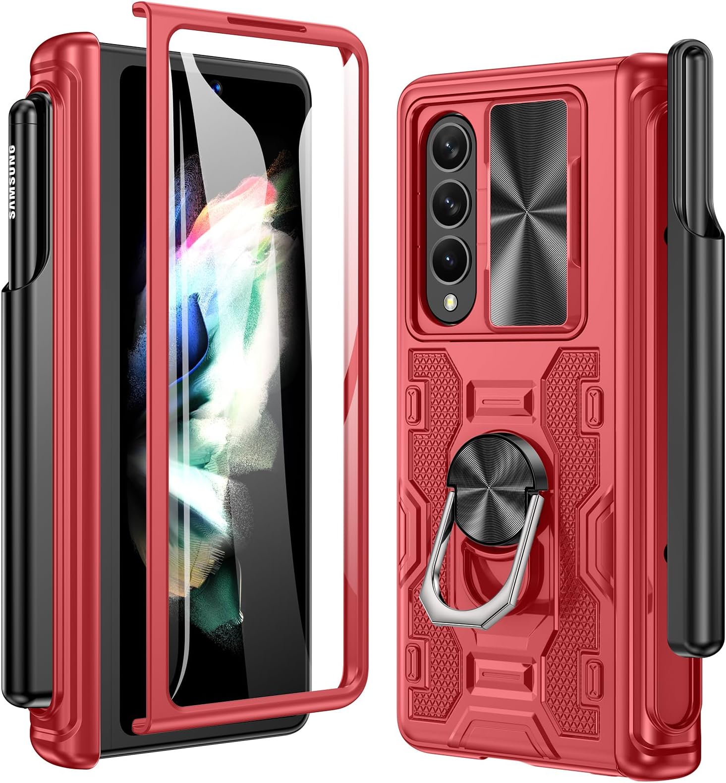 Case for Z Fold 3, with Hinge Protection S Pen Holder & Slide Camera Cover & Kickstand & Built in Screen Protector Cover(Red)