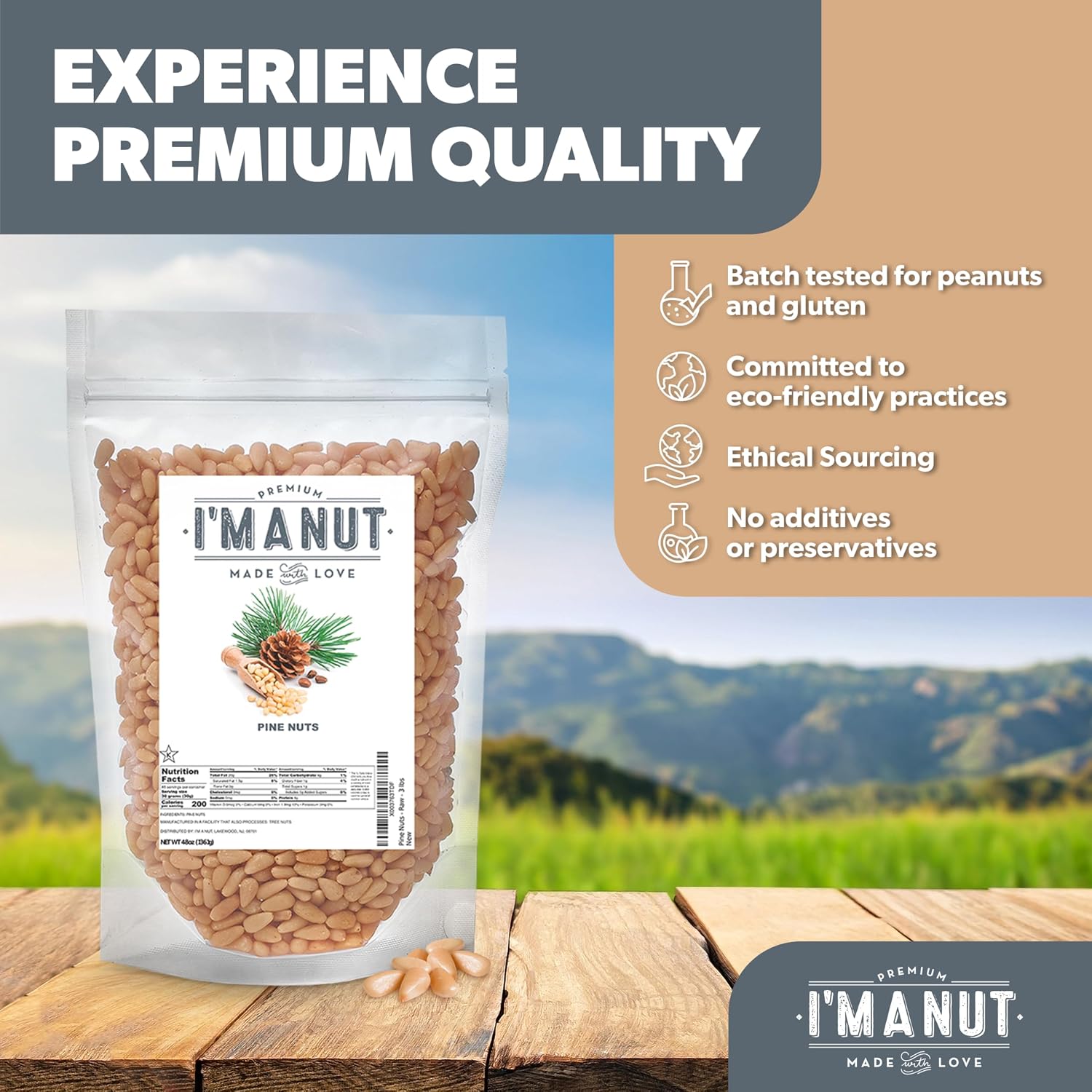 Premium Raw Pine Nuts 48oz (3 lbs.) Non-GMO, No Additives Batch Tested Gluten & Peanut Free, Resealable Pouch for Freshness, Unsalted Pine Nuts - Perfect for Pesto, Salads, Gourmet Cooking and Baking