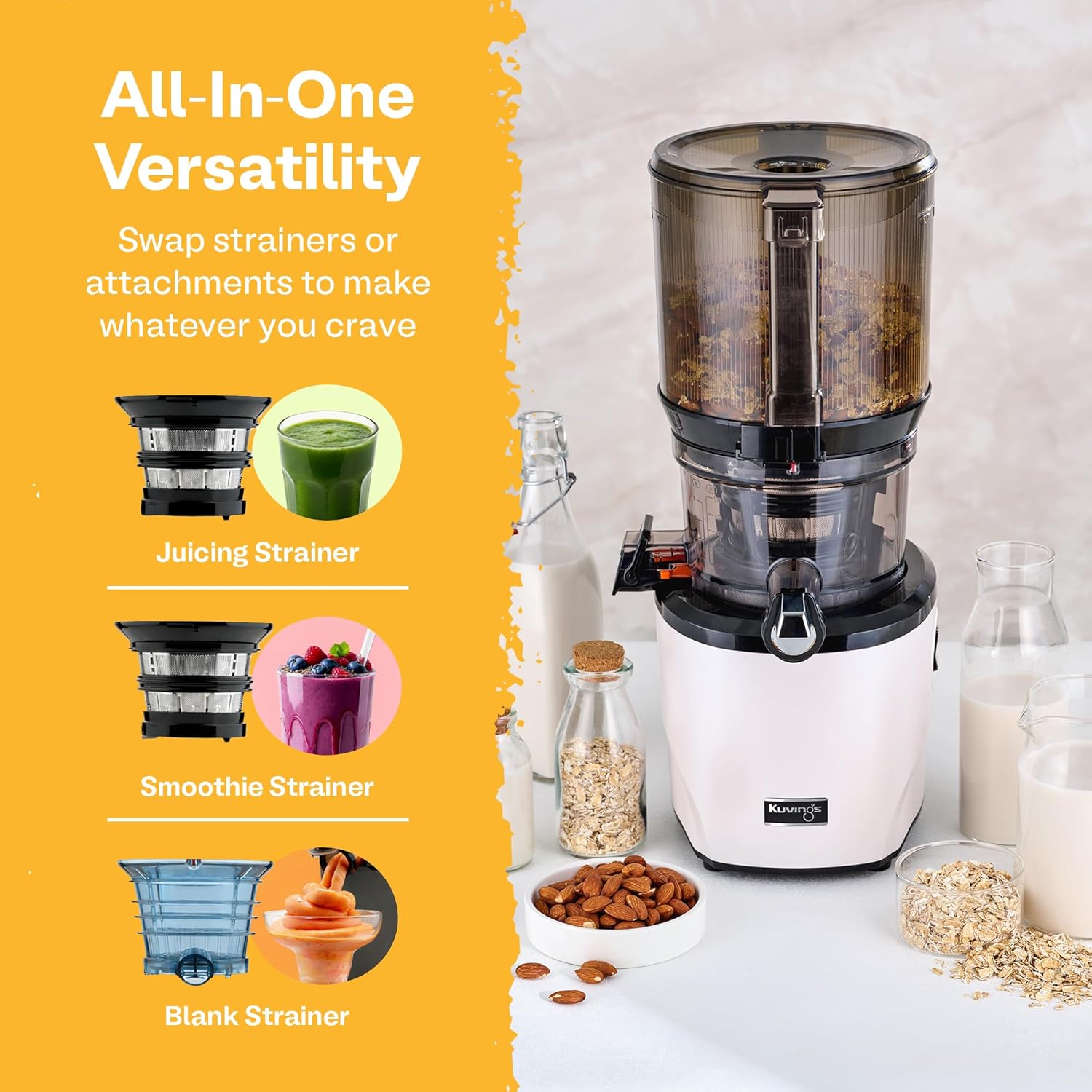 Kuvings AUTO10 Cold Press Juicer White - Hands-Free Masticating Juicer With 240W Motor - Quiet Electric Machine With 100 Ounce Batching Hopper for Juice, Smoothies, Nut Milk, and Sorbets