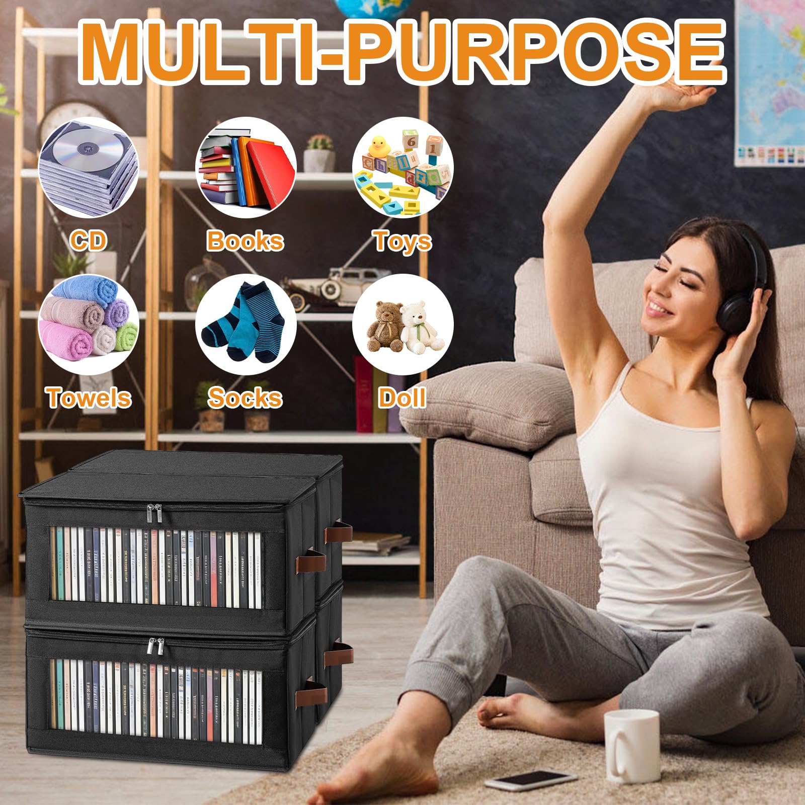 Confezione da 4 scatole per DVD, 43,5 x 22 x 22 cm, con coperchio con cerniera e finestra, contenitore per 50 DVD in custodie piene, 85 DVD in custodie sottili e 220 dischi in custodie per CD