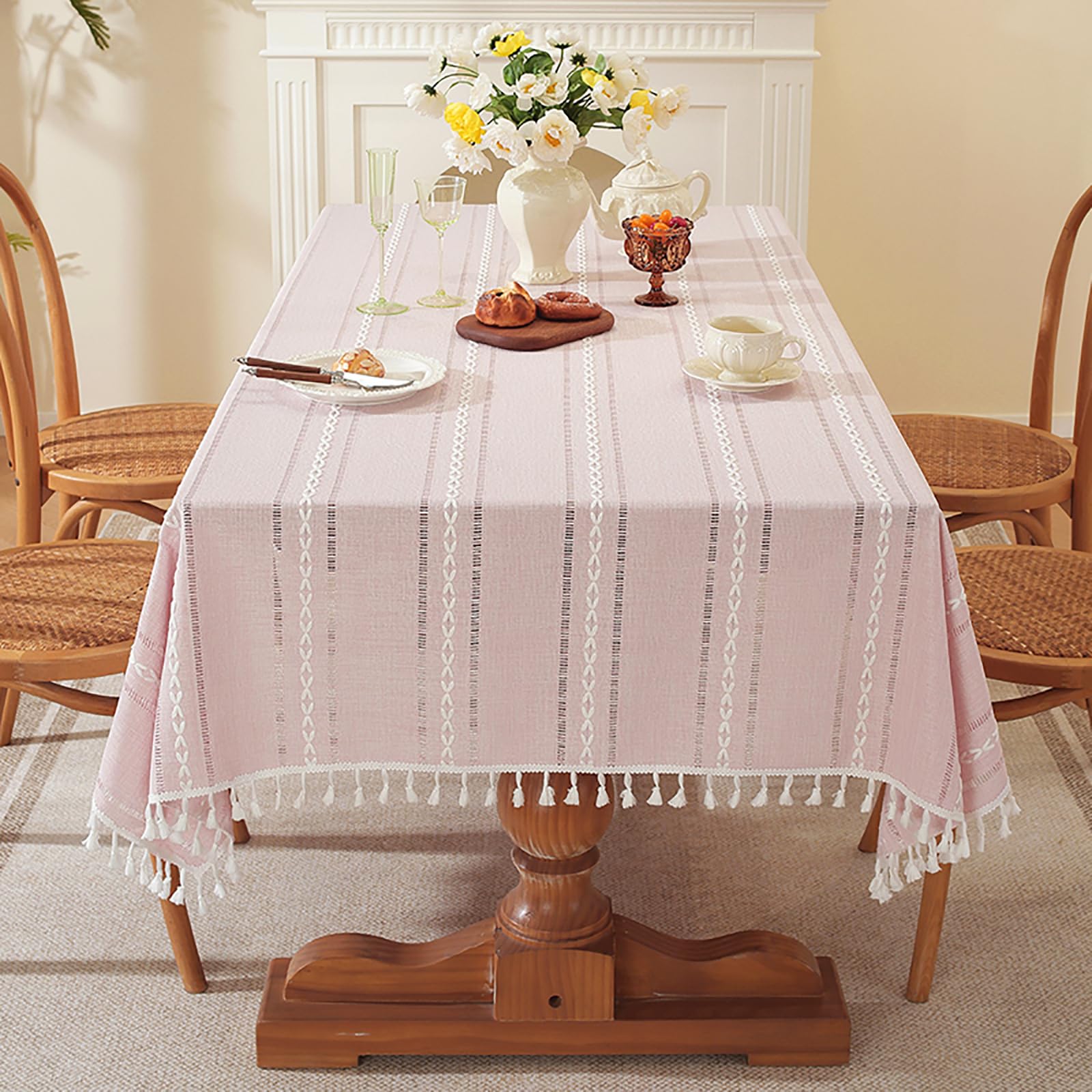 ENWIND Beige Linen Cotton Tablecloth Rectangle Decorative Farmhouse Table Cloth