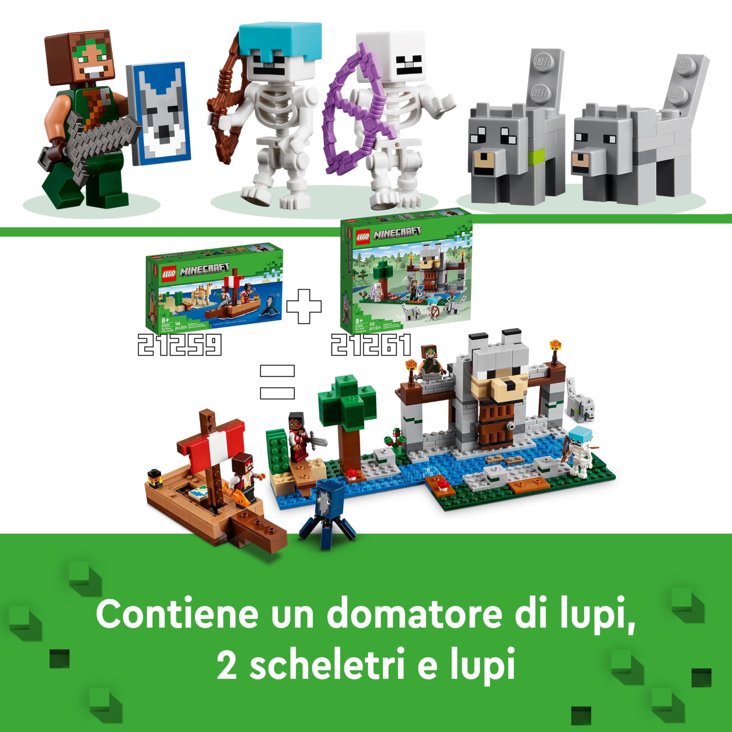 LEGO Minecraft Il Castello del Lupo Giocattolo con Personaggio, 2 Figure di Scheletro, 2 Lupi e Accessori tra cui un Tavolo da Crafting - Regalo per Gamer, Bambini e Bambine da 8 Anni - 21261