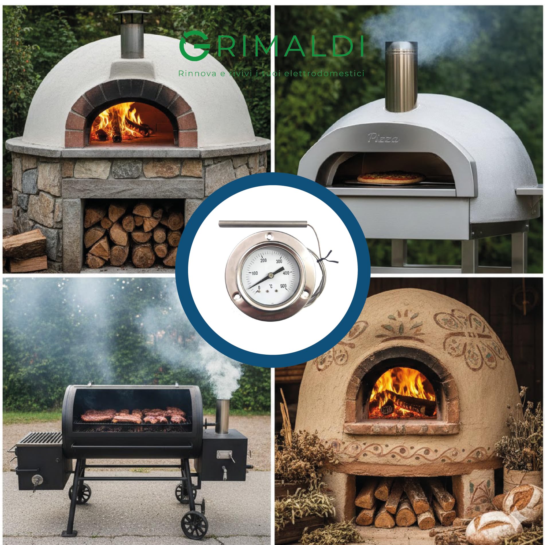 G GRIMALDI Termometro per Forno 0-500°C con Sonda Flessibile in Acciaio Inox, Pirometro Analogico per Forno a Legna, Pizza, BBQ, Flangia 3 Fori, Ø 67 mm