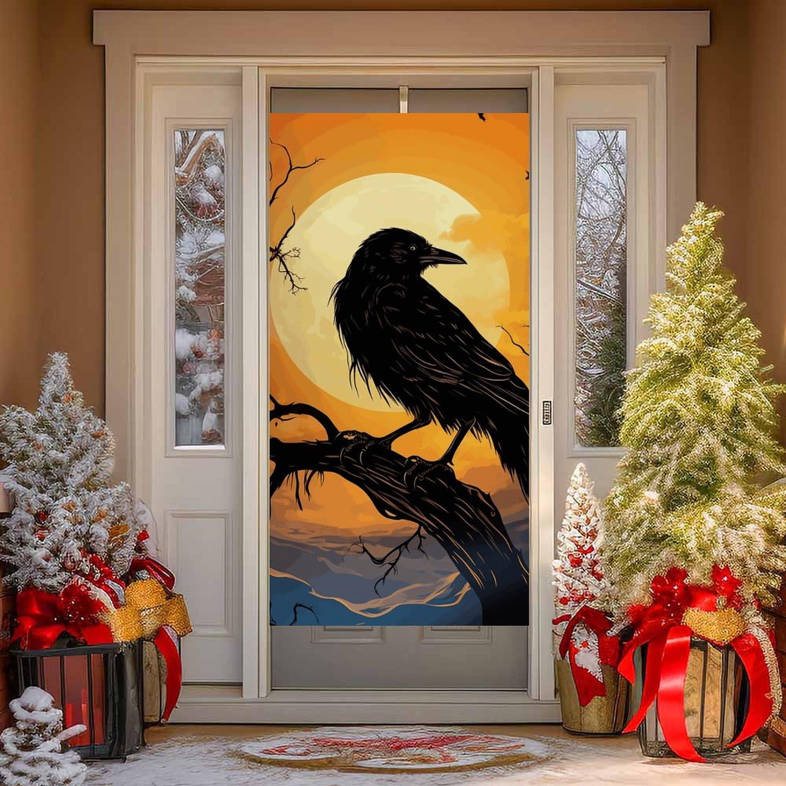 NONHAI Crow Door Cover Decoration Welcome Door Banner Porch Sign Photo Background DoorCurtains for Doorway Privacy Window Curtain Porch Cover Indoor Outdoor Decor 70.9x35.4in