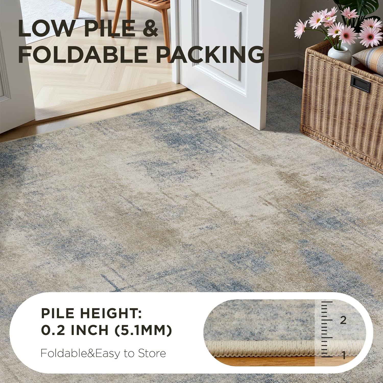Joydeco Modern Abstract Washable 5x7 Area Rugs for Living Room, Machine Washable Bedroom Rug, Faux Wool Print Non-Slip Neutral Low Pile Stain Resistant Carpet for Dining Room Nursery Home Office Decor