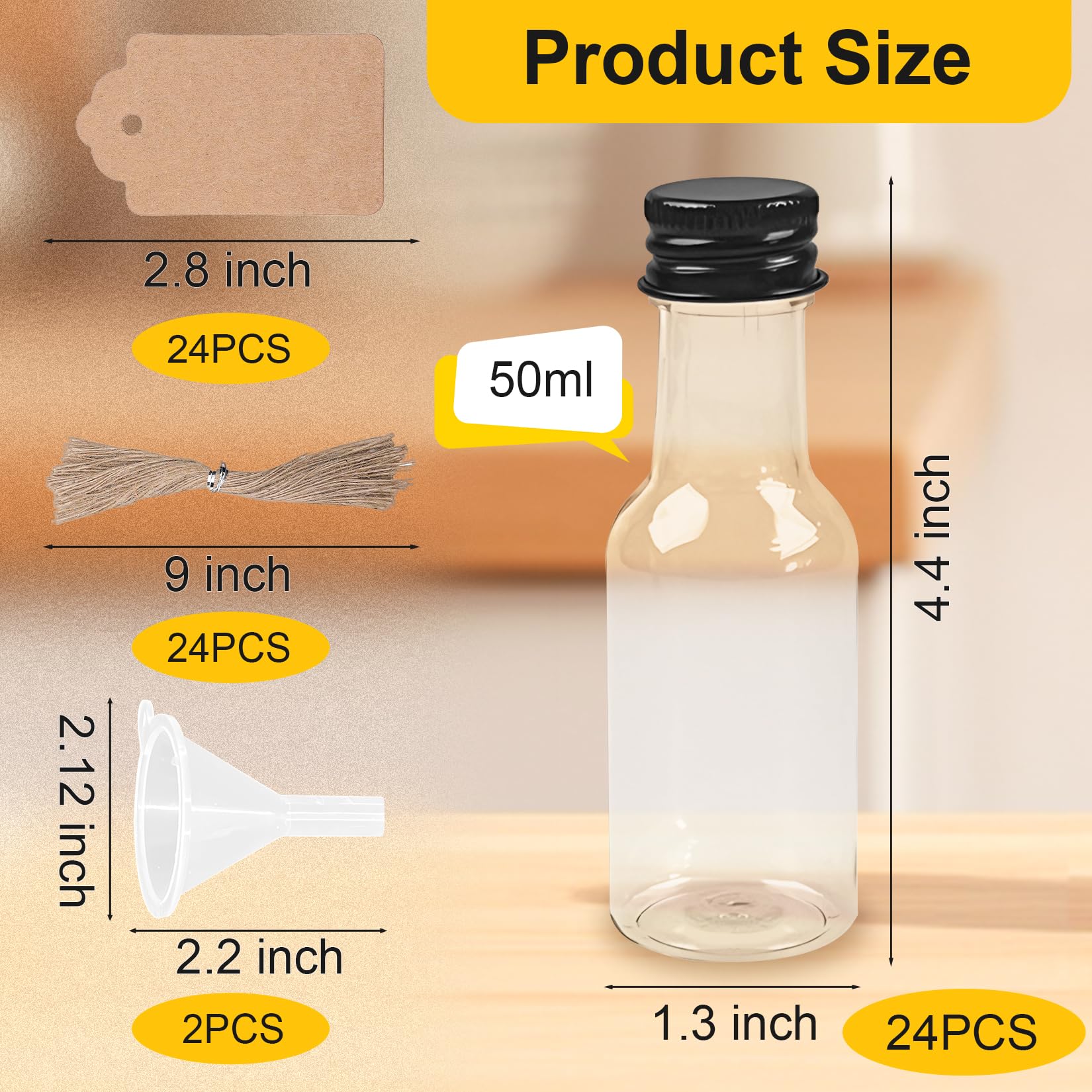 24 bottiglie da 50 ml, in plastica, da riempire, con coperchio nero e imbuto, riutilizzabili, per matrimoni, feste