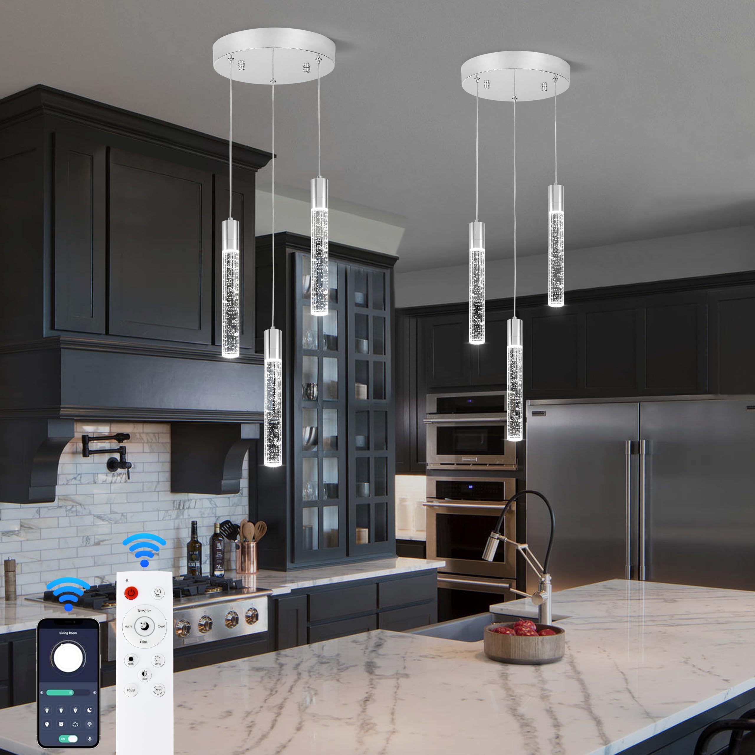3 Light Pendant Light,LED Bubble Crystal Pendant with Dimmable,Chrome