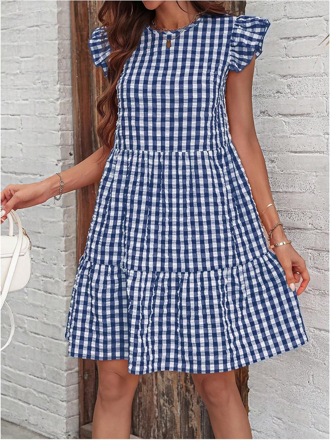 Floerns Women's Tiered Ruffle Gingham Short Dress Cap Sleeve Vacation A Line Dresses - Image 5